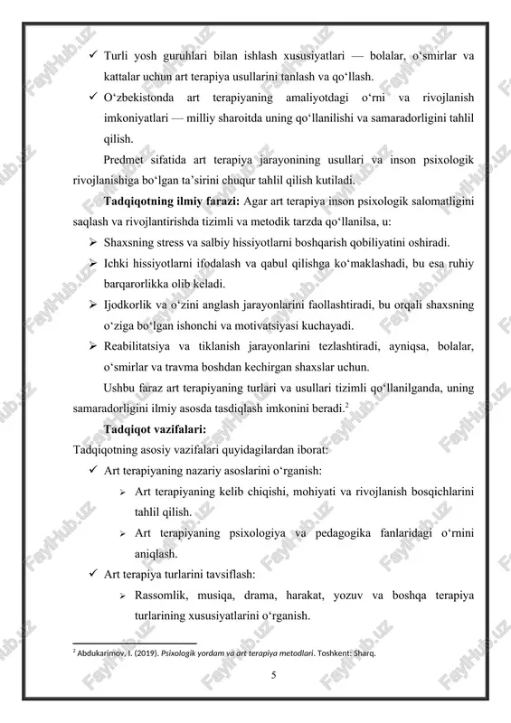 asi: bilish jarayonlari va ularni diagnostika qilish masalasi psixologiya, pedagogika va nevrologiya sohalarida keng o‘rganilgan. psixologiyada bilish jarayonlarining mohiyati va xususiyatlarini o‘rganish ivan pavlov, lev vygotskiy, jean piaget, va jerome bruner kabi olimlarning tadqiqotlarida asos solingan. ushbu tadqiqotchilar bilish jarayonlarining rivojlanish bosqichlari, idrok, xotira, diqqat va fikrlash jarayonlari o‘rtasidagi o‘zaro bog‘liqlikni tushuntirishga katta hissa qo‘shganlar. shunday bo‘lsa-da, bilish jarayonlarini diagnostika qilishning amaliy va zamonaviy usullari, shuningdek, ularning ta’lim jarayonida qo‘llanishi yuzasidan hali to‘liq yechimini topmagan masalalar mavjud. bu mavzu bo‘yicha yangi texnologiyalarni tadbiq etish, diagnostika natijalaridan foydalanish usullarini takomillashtirish dolzarbligini saqlab qolmoqda. tadqiqot bazasi: art terapiya bugungi kunda xalqaro miqyosda faol o‘rganilayotgan va rivojlanib borayotgan fan sohalaridan biri hisoblanadi. uning nazariy asoslari va amaliy qo‘llanilish imkoniyatlari ko‘plab mutaxassislar tomonidan tadqiq qilingan. shu jumladan: · xorijiy tadqiqotchilar ishlari: · margaret naumburg va edith kramer kabi olimlar art terapiyaning asoschilaridan hisoblanib, uning psixoterapiyada qo‘llanishiga asos solganlar. · shaun mcniff, cathy malchiodi va …