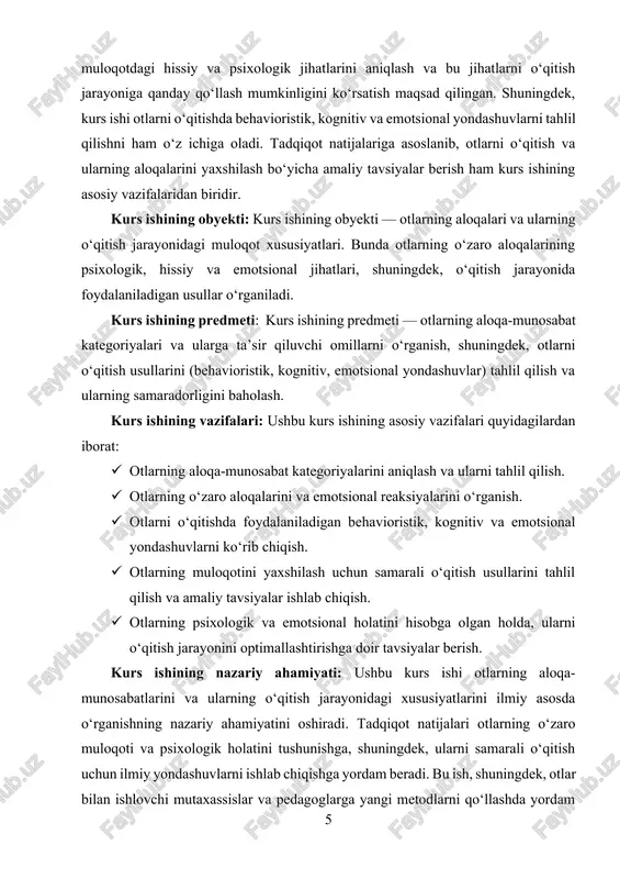 bilan aloqaga qanday javob berishini belgilaydi. ushbu munosabatlar, o‘z navbatida, otlarning o‘qitish samaradorligini ta'minlashda, ularni yaxshi holatda saqlashda va ijtimoiy muloqotda muvaffaqiyatga erishishda muhim rol o‘ynaydi. ijobiy munosabatlar: ijobiy munosabatlar — bu otlarning boshqaruvga, o‘qitishga va o‘z egalariga bo‘lgan ishonch va e'tiborini aks ettiradi. otlarning ijobiy reaksiyalari, odatda, ularning o‘qitishda muvaffaqiyatga erishishlariga yordam beradi. ijobiy munosabat, hayvonning ijtimoiy jihatdan faol bo‘lishiga, boshqaruvga qulay tarzda javob berishiga va o‘qitish jarayoniga moslashishiga sabab bo‘ladi. bu turdagi munosabatlar, asosan, mukofotlash va rag‘batlantirish orqali shakllanadi. otning to‘g‘ri javoblari va harakatlari mukofotlanadi, bu esa uning ruhiy holatini yaxshilaydi va ijobiy aloqalarni mustahkamlaydi. ijobiy munosabatlar o‘z ichiga quyidagi xususiyatlarni oladi: · ishonch: ot o‘z egasiga va boshqaruv usullariga ishonadi. · hamkorlik: ot va egasi o‘rtasida ishonchli hamkorlik o‘rnatiladi, natijada, ot o‘qitish jarayoniga faol qatnashadi. · xavfsizlik: ot o‘zini xavfsiz his qiladi va stressga nisbatan kamroq javob beradi. salbiy munosabatlar: salbiy munosabatlar — bu otlarning boshqaruvga yoki …