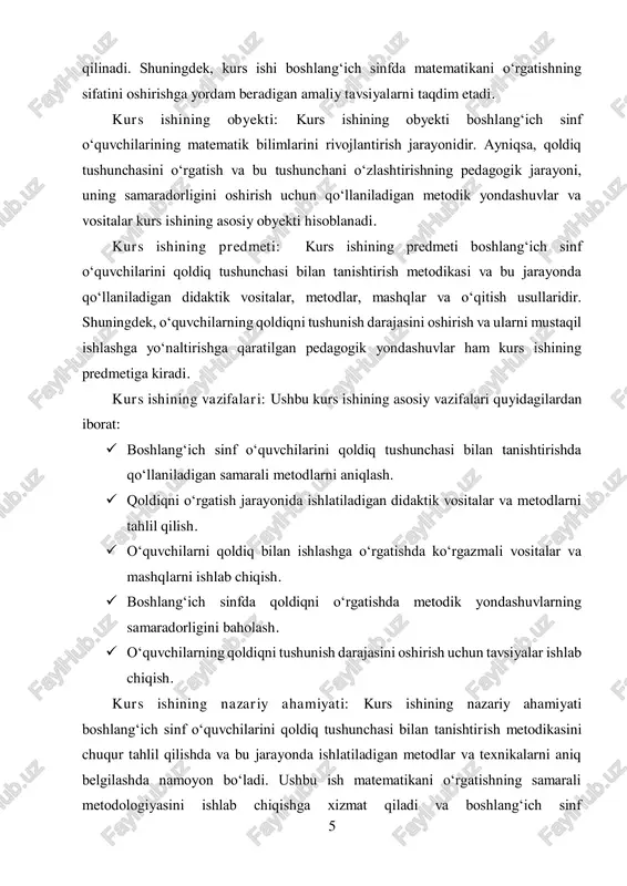 ldiq tushunchasi va o‘rgatishning psixologik asoslari qoldiq tushunchasi matematikada bo‘linish amali natijasida olingan ortiqcha qiymatni ifodalaydi. qoldiq, ikki sonni bo‘lishda ularning butun qismini hisoblashdan keyin qolgan miqdorni bildiradi. masalan, 7 ni 3 ga bo‘lganda 2 qoldiq qoladi, ya'ni 7 = 3 * 2 + 1. bu yerda 1 — qoldiq hisoblanadi. matematikada qoldiq tushunchasi bo‘lishning to‘liq natijasini anglash va ushbu jarayonni amalga oshirishda muhim rol o‘ynaydi. boshlang‘ich sinfda qoldiq tushunchasini o‘rgatishning ahamiyati kattadir, chunki bu tushuncha o‘quvchilarda bo‘lish va modulyatsiya (qoldiqni hisoblash) tushunchalarini shakllantirishga yordam beradi. o‘quvchilarga qoldiqni tushuntirishda, ular matematikani o‘rganishda qiyinchiliklarga duch kelmasliklari uchun aniq va tushunarli misollar keltirish muhimdir. qoldiq tushunchasini to‘g‘ri o‘zlashtirish o‘quvchilarni keyingi murakkabroq matematikaviy masalalarni o‘rganishga tayyorlaydi. o‘rgatishning psixologik asoslari: qoldiq tushunchasini boshlang‘ich sinf o‘quvchilariga o‘rgatish jarayoni psixologik jihatdan juda muhimdir, chunki bolalar bu yoshda o‘z bilimlarini va qobiliyatlarini rivojlantirishning dastlabki bosqichida turadilar. psixologik asoslar, o‘quvchilarni qoldiqni tushunishga tayyorlash va o‘rgatishda psixologik qonuniyatlarga asoslanadi. …