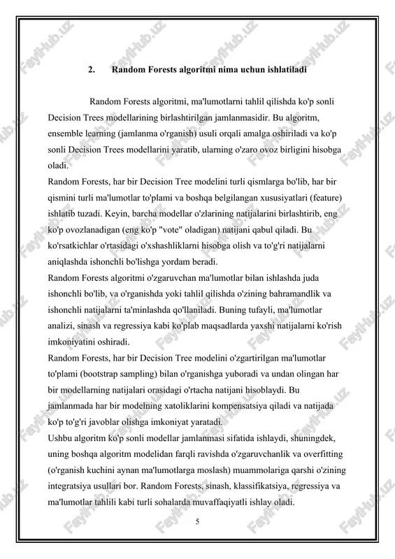 ng mahiyati: sinxronlashtirish (synchronization): · bu, random forests algoritmining asosiy qismlaridan biri bo'lib, har bir decision tree modellari o'zgaruvchan ma'lumotlar to'plami (bootstrap sampling) bilan tuziladi. sinxronlashtirishning maqsadi, har bir modellarni turlicha ma'lumotlar bilan ta'minlash orqali, ularning bir-biriga ta'siri va umumiy natijalar o'rtasidagi o'rtacha qiymatni hosil qilishdir. qo'llab-quvvatlash (ensemble learning): · bu, algoritmlar yig'indisidir, bu holatda har bir decision tree modeli o'zining o'ziga xos ma'lumotlar to'plamini o'rganib chiqaradi. · modellar birlanmasi orqali (ensemble learning), ularning natijalari jamlanib, ularning o'rtacha qiymati yordamida yuqori darajada ishonchli va to'g'ri natijalarga erishish uchun ishlatiladi. sinxronlashtirish, har bir modellarni bir xil ma'lumotlar to'plami bilan o'rganish orqali ularning qarorlari o'rtacha qiymatini aniqlashda yordam beradi. qo'llab-quvvatlash esa bu modellar birlashmasini va ularning o'rtacha natijalarini qabul qilish orqali ishonchli va yuqori darajada to'g'ri natijalarga erishishda yordam beradi. bu ikki atama birgalikda random forests algoritmini yuqori darajada ishonchli va o'rganish kuchiga ega bo'lgan qiladi. random forests esa har bir modellarni …