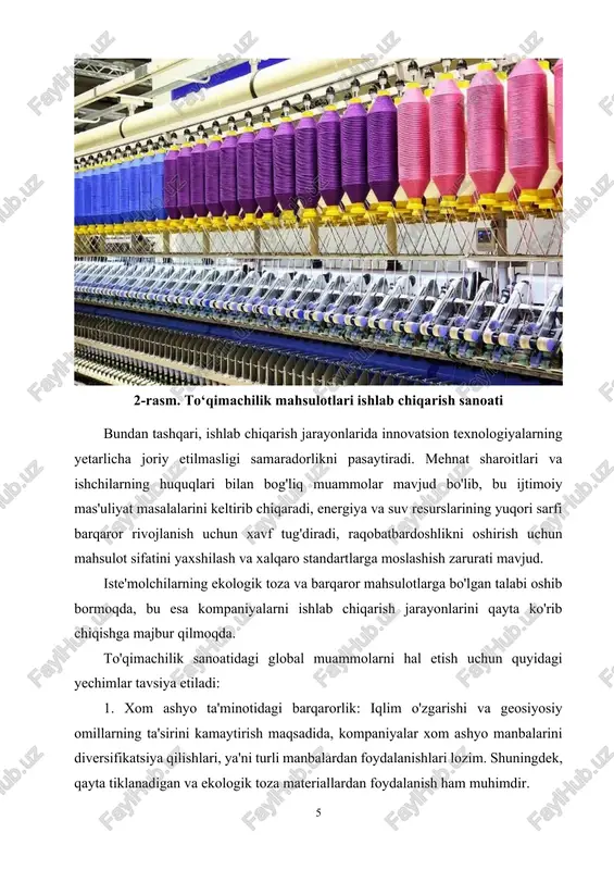 ekologik qoidalarga rioya qilish uchun energiya samarador texnologiyalarni joriy etish, suvni tejash usullarini qo'llash va chiqindilarni qayta ishlash tizimlarini tatbiq etish zarur. 3. xalqaro savdo strategiyalarini moslashtirish: savdo protektsionizmi va bozor noaniqliklariga qarshi turish uchun kompaniyalar eksport bozorlarini kengaytirish, yangi bozorlarni o'rganish va xalqaro savdo qoidalariga moslashishlari lozim. 4. innovatsion texnologiyalarni joriy etish: ishlab chiqarish samaradorligini oshirish va raqobatbardoshlikni ta'minlash uchun raqamli texnologiyalar, avtomatlashtirish va ilg'or ishlab chiqarish usullarini qo'llash muhimdir. 5. mehnat sharoitlarini yaxshilash: ishchilarning huquqlarini himoya qilish va ijtimoiy mas'uliyatni oshirish uchun xavfsiz mehnat sharoitlarini yaratish, adolatli ish haqi tizimini joriy etish va ishchilarning malakasini oshirishga e'tibor qaratish zarur. 6. resurslardan samarali foydalanish: energiyani tejash va suv resurslaridan oqilona foydalanish uchun ekologik toza texnologiyalarni qo'llash, qayta tiklanadigan energiya manbalaridan foydalanish va suvni qayta ishlash tizimlarini joriy etish lozim. 7. mahsulot sifatini oshirish va standartlarga moslashish: xalqaro standartlarga mos mahsulotlar ishlab chiqarish orqali raqobatbardoshlikni oshirish uchun sifat nazorati tizimlarini …