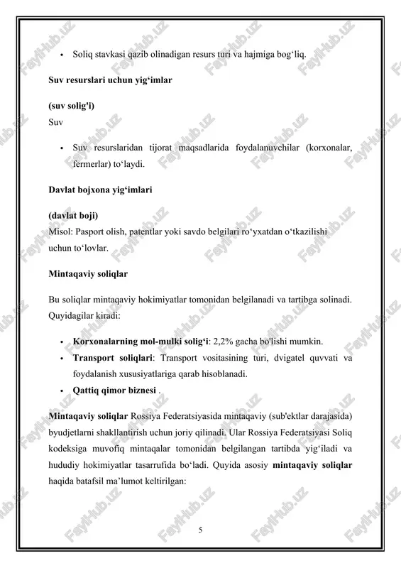 q yoki qisman ozod etilish mumkin. yer solig‘i (yer solig'i) yuridik va jismoniy shaxslar egaligidagi yer uchastkalaridan foydalanish uchun undiriladi. · soliq obyektlari: · yer uchastkalari (egalik huquqi yoki doimiy foydalanish huquqi asosida). · soliq stavkasi: · qachon · stavkalar mahalliy hokimiyatlar tomonidan o‘rnatiladi: · 0,3% gacha: qishloq xo‘jaligi yerlari, aholi punktlarida joylashgan yer uchastkalari. · 1,5% gacha: · imtiyozlar: · pensiya yoshidagi shaxslar, nogironlar, qishloq xo‘jaligi sohasida faoliyat yurituvchilar va boshqa toifalar uchun imtiyozlar joriy etilishi mumkin. savdo yig‘imi (savdo to'lovi) soliq obyektlari: · chakana savdo faoliyati (do‘konlar, bozorlar, kiosklar). · soliq stavkasi: · sochlar · stavka mahalliy hokimiyatlar tomonidan joylashuv va savdo hajmiga qarab belgilanadi. mahalliy hokimiyatlarning vakolatlari mahalliy soliqlarni belgilash va undirish tartibida mahalliy hokimiyatlar: · soliq stavkalariniyolg'iz · mahalliy byudjetning ehtiyojlariga qarab imtiyozlar joriy etadi. · to‘lov muddatlari va tartibinia mahalliy soliqlar qanday ishlatiladi? mahalliy soliqlardan tushgan mablag‘lar quyidagi sohalarni rivojlantirishga yo‘naltiriladi: · yo‘llarni ta'mirlash va …