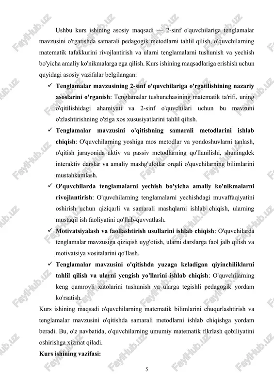 k texnikalarni ishlab chiqish. · dars jarayonida o'quvchilarning faoliyatini faollashtirish va ularni mustaqil fikrlashga undash. · tenglamalar mavzusini o'qitishda yuzaga keladigan qiyinchiliklarni tahlil qilish: · o'quvchilarning tenglamalar mavzusini o'zlashtirishdagi qiyinchiliklarini aniqlash. · qiyinchiliklarni bartaraf etish va o'quvchilarning muvaffaqiyatini oshirish uchun tavsiyalar ishlab chiqish. · o'qitish jarayonini baholash va takomillashtirish: · o'qitishning samaradorligini baholash va o'qitish metodlarini takomillashtirish yo'llarini aniqlash. · o'quvchilarning bilimini baholash va tenglamalar mavzusini o'rgatish samaradorligini tahlil qilish. bu vazifalar kurs ishining maqsadlariga erishish uchun zarur bo'lib, o'quvchilarning tenglamalar mavzusini to'liq o'zlashtirishini ta'minlashga yordam beradi.[footnoteref:2] [2: shodmonov, m. (2020). pedagogik texnologiyalar va innovatsiyalar. toshkent: o‘zbekiston respublikasi o‘qituvchilar malakasini oshirish instituti. ] i bob. tenglamalar mavzusining o'quvchilarga o'qitilishiga umumiy nuqtai 1.1. tenglamaning ta'rifi va mohiyati tenglama — bu ikki ifodaning tengligini ifodalovchi matematik ibora bo'lib, unda ma'lum yoki noma'lum sonlar yoki o'zgaruvchilar mavjud bo'lishi mumkin. tenglama biror bir algebraik ifodaning qiymatini aniqlashni maqsad qiladi va bu qiymatlarni topish uchun …