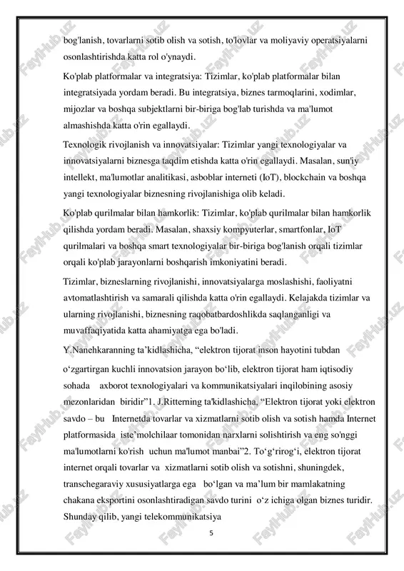 rat onlayn reklama hamda marketing, onlayn buyurtma qabul qilish, onlayn xizmat koʻrsatish kabi yangi ma'lumotlarga va xizmatlarga asoslangan biznes jarayonlarni yaratmoqda3. yuqorida qayd etilganlarga asoslanib, biz elektron tijorat virtual makonda an'anaviy biznes amaliyotlarini avtomatlashtirish va oʻzgartirishda asosiy xususiyatlardan biri ekanligini ta’kidlashimiz mumkin. bundan tashqari, ushbu transformatsiyada vujudga keluvchi mavjud operatsiyalarning avtomatlashtirilishi, ya’ni raqamlashtirilishi biznes samaradorligini oshirmoqda. shu jumladan, tijoratning raqamlashuvi muntazam ishlarni soddalashtirmoqda hamda chakana savdo uchun qulay shart-sharoitlarni yaratishga xizmat qilmoqda. onlayn savdoning ijobiy tomoni shundaki, u operatsion xarajatlarni sezilarli darajada kamaytirishi mumkin. misol uchun taklif qilinayotgan infomahsulot yuklab olish uchun mavjud boʻlsa, u holda logistika xarajatlari butunlay bekor qilinadi. bozorlarda onlayn savdoni amalga oshirish jarayonida iste’molchilar tovarlar narxini taqqoslash, komissiya uchun chegirma olish kabi juda qulay xizmatlardan foydalanishlari mumkin. darhaqiqat, yuqoridagi ijobiy omillar foydalanuvchilar tomonidan tovar va xizmatlarni xarid qilishdan tashqari, tadbirkorlikni joriy etish uchun qulay shartsharoitlarni toʻliq ta’minlamaydi. internetda ushbu turdagi faoliyatni targ'ib qilish uchun xavfsizlikni ta'minlash …