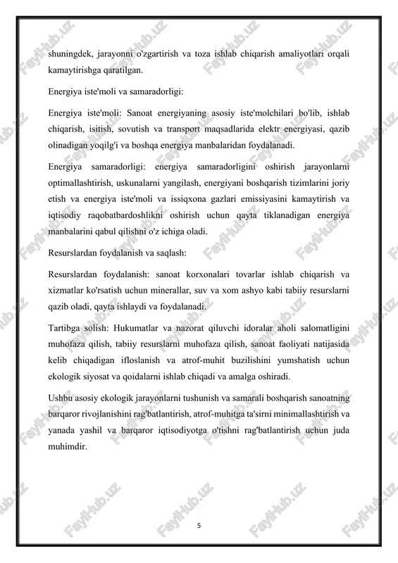 . triple bottom line (tbl) buxgalteriya hisobi: kontseptsiya: tbl buxgalteriya hisobi iqtisodiy, ijtimoiy va ekologik ko'rsatkichlar asosida tashkiliy samaradorlikni o'lchaydigan ijtimoiy va ekologik o'lchovlarni qamrab olish uchun moliyaviy natijalarning an'anaviy tushunchasini kengaytiradi. asoslar: tbl buxgalteriya hisobi iqtisodiy, ijtimoiy va ekologik omillarning o‘zaro bog‘liqligini tan oladi va korxonalarni o‘z harakatlari va investitsiyalarining odamlarga, sayyoraga va foydaga kengroq ta’sirini ko‘rib chiqishga va manfaatdor tomonlar va ekotizimlar ehtiyojlarini muvozanatlashtirgan barqaror natijalarga intilishga undaydi. ushbu nazariy tushunchalar va asoslar sanoatdagi ekologik jarayonlarning murakkabligini tushunish uchun kontseptual asosni taqdim etadi va sanoat tizimlarida ekologik barqarorlik, chidamlilik va mas'uliyatni rag'batlantirish uchun strategiya va tadbirlarni ishlab chiqish bo'yicha ko'rsatmalar beradi. ushbu kontseptsiyalarni tadqiqot, siyosat ishlab chiqish va sanoat amaliyotiga integratsiyalash orqali manfaatdor tomonlar insoniyat va sayyora uchun yanada barqaror va adolatli kelajakka erishish yo'lida harakat qilishlari mumkin. 3. sanoat faoliyatini tartibga soluvchi ekologik qoidalarga umumiy nuqtai sanoat faoliyatini tartibga soluvchi atrof-muhit qoidalari mahalliy, milliy va xalqaro darajada …