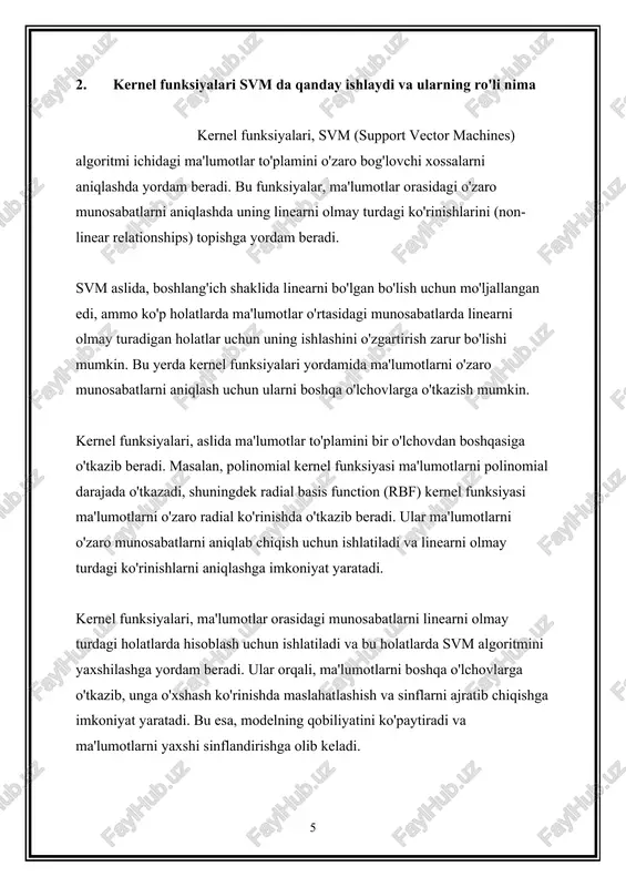 ini olish, bu ma'lumotlar asosida har bir obyekt (ma'lumot nuqtasi) uchun to'g'ri sinf (sinflar) taqsimlanadi. · chegaralarni aniqlash: boshlang'ich sifatda, svm linearni bo'lgan chegaralar yordamida sinflarni ajratib chiqadi. bu chegaralar, sinflar orasidagi masofani (margin) maksimal darajada qilishga intiladi. u, sinflarni ajratib chiqish uchun eng yaxshi chegarani topishda bo'ladi. · support vectors aniqlash: chegaralar ustida qo'yilgan va chegaralarga yaqin ma'lumot nuqtalarni "support vectors" deb ataladi. ular, sinflarni ajratib chiqishda asosiy ko'rsatkich ma'lumotlardir. · kernel funksiyasini ishlatish (agar kerak bo'lsa): agar ma'lumotlar linearni olmay turdagi bog'lovchi xossalarga ega bo'lsa, kernel funksiyalari o'zaro bog'lovchilikni aniqlashda yordam beradi. bu funksiyalar ma'lumotlarni boshqa o'lchovlarga o'tkazib, sinflarni ajratishda yordam beradi. · optimal chegarani topish: algoritm ma'lumotlar to'plami ustida yashirin sinflar uchun optimal chegaralarni aniqlab chiqadi. u, sinflarni ajratib chiqishda yaxshi moslashishni ko'rsatuvchi eng yaxshi chegarani topish uchun quriladi. · test ma'lumotlari uchun modelni sinash: o'rganilgan model test ma'lumotlariga qo'llanib, modelning aniqlik darajasini sinab ko'rish uchun ishlatiladi. …