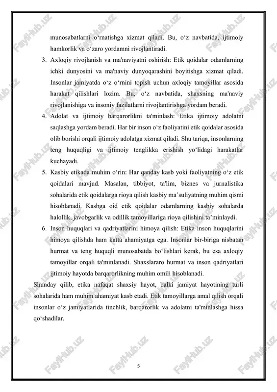 motlar bilan birga rivojlangan. yevropada xristianlik, islom dunyosida esa islomiy ta'limotlar axloqiy tamoyillarning shakllanishiga ta’sir ko‘rsatgan. 1. xristianlikdagi etika: · xristian etikasida axloqiy me’yorlar muqaddas kitob asosida shakllangan. avgustin avliyosi (354–430) va foma akvinskiy (1225-1274) kabi faylasuflar axloqiy hayotning maqsadi sifatida xudoga yaqin bo‘lishni belgilashgan. ular axloqiy burch va ma'suliyatlarni tushuntirishda din va falsafani birlashtirishga harakat qilishgan. 2. islom etikasida: · islom dini axloqiy me'yorlarga katta e'tibor qaratadi. qur’on va hadislar asosida shakllangan islom axloqi insonning o‘z burchlari va mas’uliyatlarini xudoning buyrug‘iga muvofiq bajarishga qaratilgan. halollik, odillik, sabr-toqat va insonparvarlik musulmon etikasining asosiy tamoyillaridan hisoblanadi. yangi davr va zamonaviy etika yangi davrda g‘arbda falsafa va ilm-fan rivojlangan sari etika falsafiy tahlilning mustaqil yo‘nalishi sifatida rivojlanishni davom ettirdi. 1. immanuil kant (1724–1804): · kantning "kategorik imperativ" nazariyasi zamonaviy etikaning asosiy tushunchalaridan biridir. u axloqiy tamoyillarni umumiy va majburiy qoidalar sifatida ko‘rib chiqib, har bir inson o‘z harakatlarini aql va mantiq asosida …