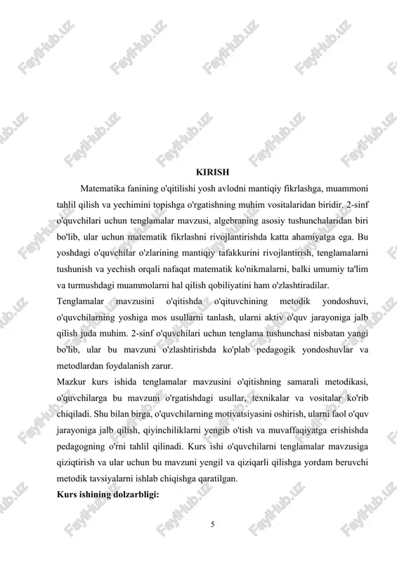 idagi o'rni. · 2-sinf o'quvchilari uchun tenglamalar mavzusining o'rgatishdagi ahamiyati va o'ziga xos xususiyatlarini tahlil qilish. · o'quvchilarga tenglamalarni o'rgatish metodlarini aniqlash: · 2-sinf o'quvchilari uchun tenglamalar mavzusini o'rgatishda samarali pedagogik yondoshuvlarni o'rganish. · aktiv va passiv o'qitish metodlarini tahlil qilish, ularning o'quvchilarga tenglamalarni tushuntirishdagi samaradorligini baholash. · amaliy mashg'ulotlar va didaktik vositalarni ishlab chiqish: · o'quvchilarga tenglamalarni yechish bo'yicha amaliy mashqlar va qiziqarli vazifalar tayyorlash. · didaktik materiallar va interaktiv vositalardan foydalanish usullarini ko'rib chiqish. · o'quvchilarni tenglamalar mavzusiga motivatsiyalash: · o'quvchilarning tenglamalarga bo'lgan qiziqishini oshirish uchun pedagogik texnikalarni ishlab chiqish. · dars jarayonida o'quvchilarning faoliyatini faollashtirish va ularni mustaqil fikrlashga undash. · tenglamalar mavzusini o'qitishda yuzaga keladigan qiyinchiliklarni tahlil qilish: · o'quvchilarning tenglamalar mavzusini o'zlashtirishdagi qiyinchiliklarini aniqlash. · qiyinchiliklarni bartaraf etish va o'quvchilarning muvaffaqiyatini oshirish uchun tavsiyalar ishlab chiqish. · o'qitish jarayonini baholash va takomillashtirish: · o'qitishning samaradorligini baholash va o'qitish metodlarini takomillashtirish yo'llarini aniqlash. · o'quvchilarning bilimini …