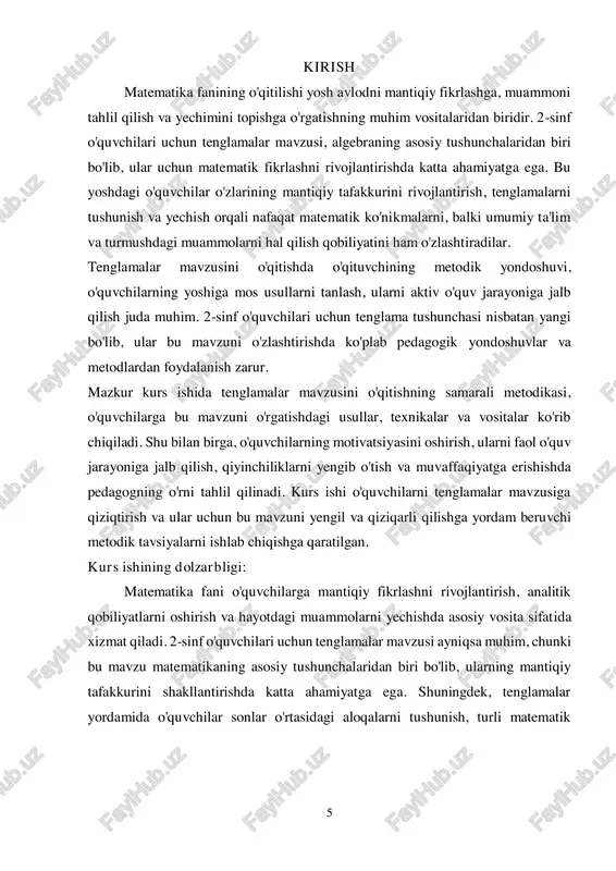 o'rni.  2-sinf o'quvchilari uchun tenglamalar mavzusining o'rgatishdagi ahamiyati va o'ziga xos xususiyatlarini tahlil qilish. 8  o'quvchilarga tenglamalarni o'rgatish metodlarini aniqlash:  2-sinf o'quvchilari uchun tenglamalar mavzusini o'rgatishda samarali pedagogik yondoshuvlarni o'rganish.  aktiv va passiv o'qitish metodlarini tahlil qilish, ularning o'quvchilarga tenglamalarni tushuntirishdagi samaradorligini baholash.  amaliy mashg'ulotlar va didaktik vositalarni ishlab chiqish:  o'quvchilarga tenglamalarni yechish bo'yicha amaliy mashqlar va qiziqarli vazifalar tayyorlash.  didaktik materiallar va interaktiv vositalardan foydalanish usullarini ko'rib chiqish.  o'quvchilarni tenglamalar mavzusiga motivatsiyalash:  o'quvchilarning tenglamalarga bo'lgan qiziqishini oshirish uchun pedagogik texnikalarni ishlab chiqish.  dars jarayonida o'quvchilarning faoliyatini faollashtirish va ularni mustaqil fikrlashga undash.  tenglamalar mavzusini o'qitishda yuzaga keladigan qiyinchiliklarni tahlil qilish:  o'quvchilarning tenglamalar mavzusini o'zlashtirishdagi qiyinchiliklarini aniqlash.  qiyinchiliklarni bartaraf etish va o'quvchilarning muvaffaqiyatini oshirish uchun tavsiyalar ishlab chiqish.  o'qitish jarayonini baholash va takomillashtirish:  o'qitishning samaradorligini baholash va o'qitish metodlarini takomillashtirish yo'llarini aniqlash.  o'quvchilarning bilimini …