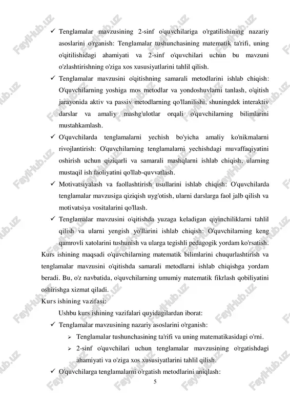 gik texnikalarni ishlab chiqish.  dars jarayonida o'quvchilarning faoliyatini faollashtirish va ularni mustaqil fikrlashga undash.  tenglamalar mavzusini o'qitishda yuzaga keladigan qiyinchiliklarni tahlil qilish:  o'quvchilarning tenglamalar mavzusini o'zlashtirishdagi qiyinchiliklarini aniqlash.  qiyinchiliklarni bartaraf etish va o'quvchilarning muvaffaqiyatini oshirish uchun tavsiyalar ishlab chiqish.  o'qitish jarayonini baholash va takomillashtirish:  o'qitishning samaradorligini baholash va o'qitish metodlarini takomillashtirish yo'llarini aniqlash.  o'quvchilarning bilimini baholash va tenglamalar mavzusini o'rgatish samaradorligini tahlil qilish. bu vazifalar kurs ishining maqsadlariga erishish uchun zarur bo'lib, o'quvchilarning tenglamalar mavzusini to'liq o'zlashtirishini ta'minlashga yordam beradi.2 2 shodmonov, m. (2020). pedagogik texnologiyalar va innovatsiyalar. toshkent: o‘zbekiston respublikasi o‘qituvchilar malakasini oshirish instituti. 7 i bob. tenglamalar mavzusining o'quvchilarga o'qitilishiga umumiy nuqtai 1.1. tenglamaning ta'rifi va mohiyati tenglama — bu ikki ifodaning tengligini ifodalovchi matematik ibora bo'lib, unda ma'lum yoki noma'lum sonlar yoki o'zgaruvchilar mavjud bo'lishi mumkin. tenglama biror bir algebraik ifodaning qiymatini aniqlashni maqsad qiladi va bu qiymatlarni topish uchun …