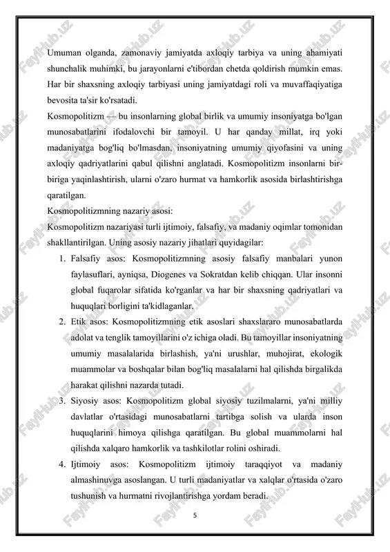 rlashuv: · zamonaviy jamiyatda kosmopolitizm siyosiy va ijtimoiy muammolarni hal qilishda xalqlar o'rtasida birlashishga xizmat qiladi. global muammolar, masalan, iqlim o'zgarishi, iqtisodiy tengsizlik va urushlar kabi masalalarda xalqaro hamkorlik zarur bo'ladi. · kosmopolitizmning ijtimoiy jihatlari, o'z navbatida, ijtimoiy adolat va tenglikka asoslangan muammolarni hal qilishda qaratilgan. yoshlar va kosmopolitizm: · yoshlar zamonaviy jamiyatda kosmopolitizmning asosiy namoyondalari hisoblanadi. ular global miqyosda yangiliklarga ochiq bo'lib, turli madaniyatlarni o'zlashtirishga tayyor. · yoshlar o'rtasida kosmopolitizm ta'siri ko'plab o'quv dasturlarida, madaniy tadbirlarda va xalqaro almashinuvlar orqali ko'rinadi. texnologiya va axborot erkinligi: · axborot texnologiyalari, internet va ijtimoiy tarmoqlar zamonaviy kosmopolitizmni yanada kuchaytirmoqda. ular odamlarning fikrlarini tarqatish, turli madaniyatlar bilan tanishish va global muammolarni muhokama qilish imkonini beradi. · bu jarayon, shuningdek, global miqyosda ijtimoiy harakatlar va aktivizmni rag'batlantiradi. madaniy diversifikatsiya: · zamonaviy jamiyatda kosmopolitizm turli millatlar va madaniyatlar o'rtasida o'zaro hurmat va to'laroq tushunish muhitini yaratadi. bu, o'z navbatida, jamiyatda madaniy xilma-xillik va kreativlikni rivojlantiradi. …