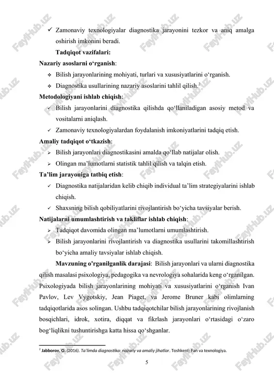 tijalaridan foydalanish usullarini takomillashtirish dolzarbligini saqlab qolmoqda. tadqiqot bazasi: toshkent shahar chilonzor tumani o’zmu qoshidagi s.h.sirojiddinov akademik litseyning 3-kurs o’spirinlarining 30nafari tanlab olindi. akademik litsey va kasb-hunar kollejlari: · o‘quvchilarning yoshi kattaligi va mustaqillik darajasi sharoitida shaxslararo munosabatlar va ularning ta'lim jarayoniga ta'sirini tahlil qilish. oliy ta'lim muassasalari: · talabalar va professor-o‘qituvchilar o‘rtasidagi munosabatlar, ularning ta'lim jarayonidagi o‘zaro ta'siri va diagnostika jarayoni. · akademik litsey va kasb-hunar kollejlari. · oliy ta’lim muassasalari. · psixologik markazlar va reabilitatsiya institutlari. i bob. bilish jarayonlarining nazariy asoslari 1.1. bilish jarayonlari tushunchasi va ularning mohiyati bilish jarayonlari insonning atrof-muhitni anglash, o‘rganish va unga moslashish imkonini beradigan psixik jarayonlar majmuidir. bu jarayonlar orqali inson voqelikni tushunadi, axborotni qabul qiladi, qayta ishlaydi va saqlaydi. bilish jarayonlari ta’lim, tarbiya, shaxsiy rivojlanish va kasbiy faoliyatning asosiy negizini tashkil etadi. bilish jarayonlari tushunchasi: bilish jarayonlari psixologik faoliyatning komponentlari bo‘lib, ular insonga quyidagilarni amalga oshirish imkonini beradi: · atrof-muhitdan axborotni …