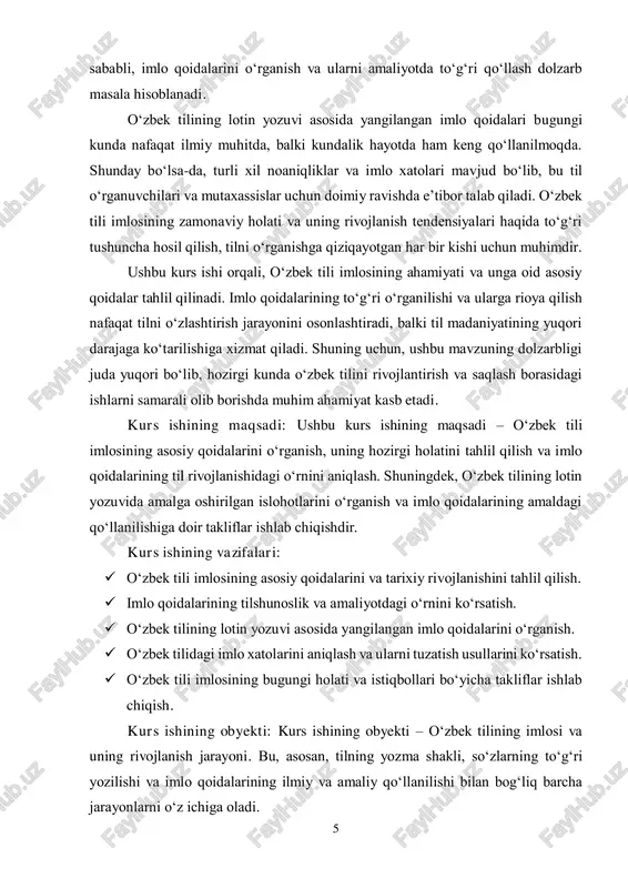 chiqish. kurs ishining obyekti: kurs ishining obyekti – o‘zbek tilining imlosi va uning rivojlanish jarayoni. bu, asosan, tilning yozma shakli, so‘zlarning to‘g‘ri yozilishi va imlo qoidalarining ilmiy va amaliy qo‘llanilishi bilan bog‘liq barcha jarayonlarni o‘z ichiga oladi. 6 kurs ishining predmeti: kurs ishining predmeti – o‘zbek tili imlosining asosiy qoidalari, ularning o‘zgarishlari, va bugungi kunda qo‘llanilishi. bunga imlo qoidalarining nazariy asoslari, lotin yozuvida amalga oshirilgan islohotlar, imlo xatolarini tahlil qilish hamda ularga doir amaliy tavsiyalar kiradi. kurs ishining metodik asosi: ushbu kurs ishining metodik asosi turli metodlar va yondashuvlardan iborat bo‘lib, tilshunoslik va imlo sohasidagi ilmiy tadqiqotlar, metodologik yondashuvlar va adabiyotlardan foydalanishga asoslanadi. kurs ishida quyidagi metodik yondashuvlar va tadqiqot metodlari qo‘llaniladi:  tahliliy metod – o‘zbek tili imlosi va uning o‘zgarishlarini tahlil qilish, imlo qoidalarining ilmiy va amaliy qo‘llanilishini o‘rganish.  deskriptiv metod – imlo qoidalarining to‘g‘ri yozilishiga oid umumiy tavsiflarni keltirish va tahlil qilish.  komparativ metod – …
