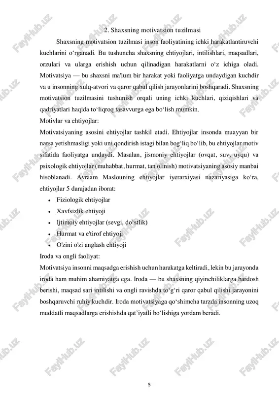 iyat shaxsning ichki dunyosiga chuqur kirib borishiga yordam beradi va insonning o‘z shaxsiyligi haqida xabardorlik darajasini ko‘rsatadi. o'z-o'zini anglash ikki asosiy jihatga ega:  ichki anglash: shaxs o‘z ichki hissiyotlari, fikrlari, maqsadlari va qadriyatlari haqida to‘liq tasavvurga ega bo‘lishi. bu, masalan, insonning kuchli va zaif tomonlarini tushunishi, o‘zini tanqidiy baholashi va o‘z qobiliyatlariga real yondashishi.  tashqi anglash: shaxsning o‘zini jamiyatdagi o‘rnini va boshqalar bilan bo‘lgan munosabatlarini tushunishi. boshqalar unga qanday munosabatda ekanini tushunish va o‘z harakatlarini ijtimoiy muhitga mos ravishda boshqarish bu jarayonning bir qismidir. o'zini boshqarish: o'zini boshqarish (self-regulation) shaxsning o‘z hissiyotlari, impulslari va harakatlarini nazorat qilish qobiliyatidir. bu qobiliyat insonning maqsadlariga erishishda muhim rol o‘ynaydi, chunki u qiyinchiliklar va to‘siqlarni yengishga yordam beradi. o'zini boshqarish insonning maqsadli va mas'uliyatli bo‘lishiga yordam beradi. o'zini boshqarish quyidagi jihatlarni o‘z ichiga oladi: 8  hissiy boshqaruv: inson o‘z hissiyotlarini anglab, ularga qanday munosabatda bo‘lishini nazorat qiladi. bu, masalan, stress, g‘azab …