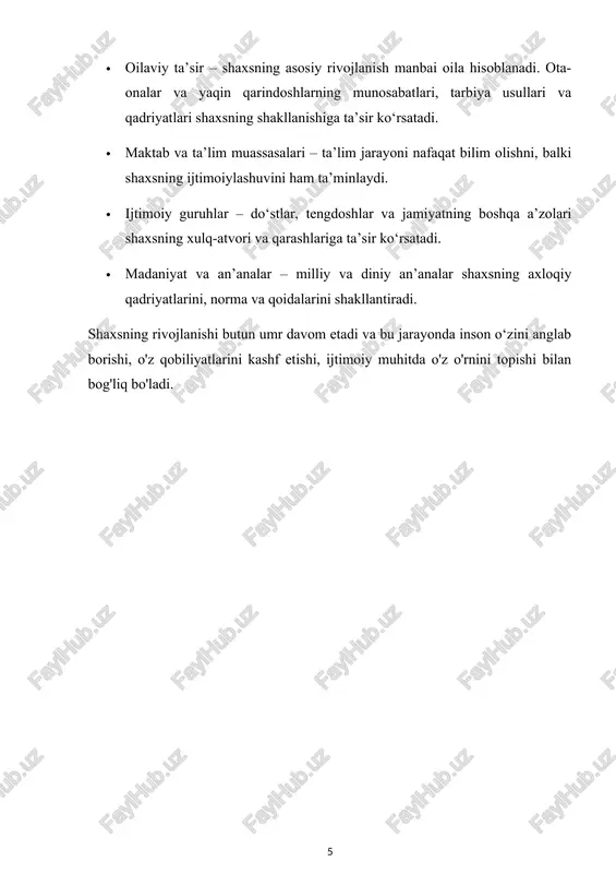 a jarayoni insonning o‘z-o‘zini anglash va rivojlanishidagi asosiy omil sifatida qaraladi. 3. shaxsning temperamenti va xarakteri shaxs psixologiyasida temperament va xarakter uning individual xususiyatlarini belgilaydigan muhim tushunchalardir. temperament shaxsning tug‘ma xulq-atvori va emotsional reaksiyalarining dinamikasi bilan bog‘liq bo‘lsa, xarakter insonning ijtimoiy muhitda shakllangan barqaror fazilatlarini ifodalaydi. bu ikki tushuncha insonning ichki va tashqi dunyo bilan o‘zaro munosabatlarini belgilaydi. temperament: temperament insonning psixologik reaksiyalarini va harakatlarining tezligi, kuchi hamda barqarorligini belgilovchi tug‘ma xususiyatdir. temperament xulq-atvorning dinamik jihatlarini, ya'ni insonning energiyali, tezkor yoki sekin, sabrli yoki hissiy bo‘lishini ko‘rsatadi. temperament o‘zgarmaydi va u odamning biologik asoslariga bog‘liq bo‘lgan holda rivojlanadi. temperament turlari asosan ippokrat tomonidan to‘rt asosiy turga bo‘lingan va keyinchalik bu tasnif ivan pavlov tomonidan kengaytirilgan: · sangvinik: kuchli, muvozanatli va harakatchan temperament turi. bu tipdagi odamlar tezkor, quvnoq, ijtimoiy faol va oson adaptatsiya qiluvchi bo‘ladi. · xolerik: kuchli, muvozanatsiz va juda faol. xoleriklar energiyali, hissiyotga boy va o‘zlarini tezda namoyon …
