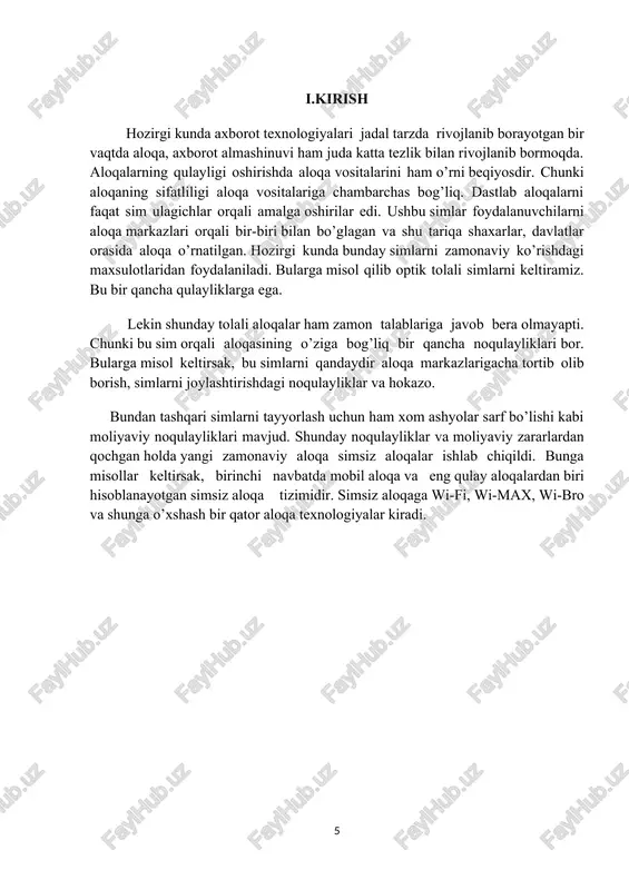 kam miqdorda foydalanishgan. lekin narxlarning tushishi ushbu vositalarga bo’lgan talab va qiziqishni ortishiga sabab bo’ldi. xxi asrning dastlabki o’n yilligi o’rtalariga kelib simsiz internet-servisi foydalanuvchilarining soni bir necha o’n millionga etdi. simsiz internet-aloqasining paydo bo’lishi bilan birinchi o’rinda uning xavfsizligini ta’minlash masalalari ko’tarildi. simsiz tarmoqlardan foydalanganda paydo bo’lgan asosiy muammolar sirasiga quyidagilarni keltirib o’tish lozim - bu maxsus xizmat, tijorat tashkilotlari va xususiy tadbirkorlar jo’natmalarini tutib qolish, kredit kartochkalar nomerlarini tutib qolish, bog’lanish uchun to’lov vaqtini o’g’irlash, kommunikatsiya markazlari ishiga xalal berish kabilardir. bu muammolar aloqa standartlarini takomillashtirish orqali hal etib borilmoqda. simsiz texnologiyalar taraqqiyotining ahamiyatli jihati shundaki, bu texnologiyalardan uy sharoitidagi foydalanuvchilar qulay tarzda foydalana olishlaridir. uy tarmog’i qurilmalari sonining ortishi bilan ushbu qurilmalarni bir- biri bilan ulovchi ko’plab simlar bu tarmoqning asosiy muammosiga aylanib bormoqda. bu o’z navbatida simsiz texnologiyalarga o’tishga sabab tug’dirmoqda. simsiz texnologiyalarning yakka tartibda foydalanuvchilari soni salmoqli bo’lsada tezkor o’sib boruvchi segmenti - bu uning …