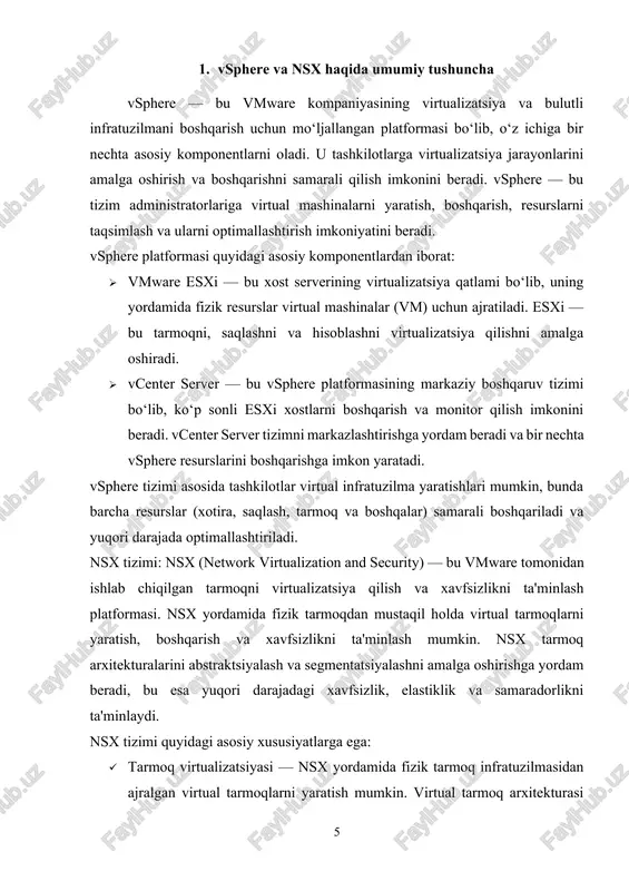 — vsphere va nsx tizimlari yordamida resurslarni real vaqt rejimida boshqarish va optimallashtirish mumkin. · avtomatizatsiya — tarmoqni va virtual infratuzilmani avtomatik ravishda sozlash va boshqarish jarayonlari osonlashadi. vsphere va nsx tizimlari integratsiyasi tarmoq, saqlash, va hisoblash resurslarini samarali boshqarishga imkon yaratadi va yuqori darajada xavfsizlikni ta'minlaydi. bu tizimlarning birgalikda ishlashi zamonaviy ma'lumot markazlari uchun muhim ahamiyatga ega. 2. dinamik boshqaruvni amalga oshirish dinamik boshqaruv – bu tizim resurslarini real vaqt rejimida boshqarish, monitoring qilish va avtomatik ravishda sozlash imkoniyatlarini taqdim etuvchi boshqaruv jarayonidir. tarmoq va virtual infratuzilmada resurslarning samarali taqsimlanishi, xavfsizlikni ta'minlash va tizimning optimal ishlashini davom ettirish uchun dinamik boshqaruv zarurdir. dinamik boshqaruv tizimlar yordamida nafaqat resurslar, balki tarmoq xavfsizligi, ishlash holati va xavfsizlikni avtomatik ravishda boshqarish mumkin. vsphere va nsx tizimlarining integratsiyasi orqali dinamik boshqaruvni amalga oshirish bir qator afzalliklarni taqdim etadi. quyida vsphere va nsx tizimlarida dinamik boshqaruvning qanday amalga oshirilishi, uning asosiy xususiyatlari va afzalliklari …