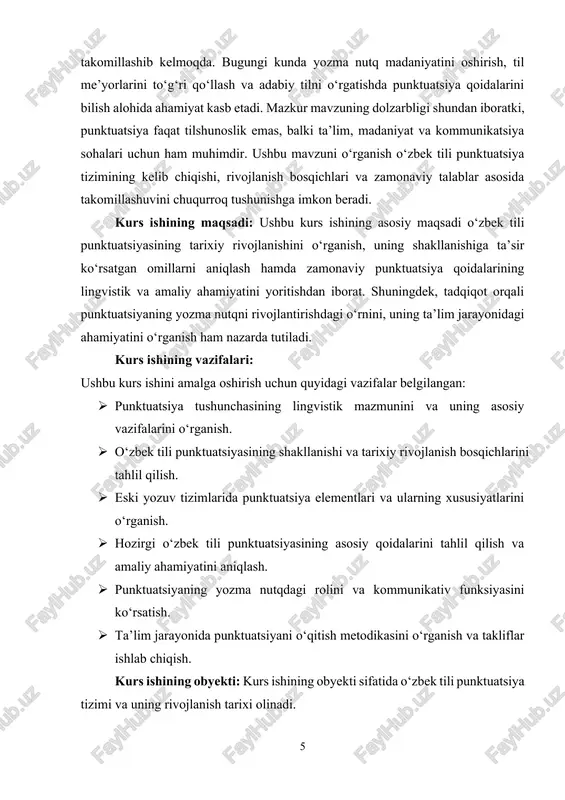 ti o‘zbek tili punktuatsiyasining tarixiy shakllanishi, rivojlanish bosqichlari va uning zamonaviy qoidalari bilan bog‘liq lingvistik va amaliy jihatlardir. kurs ishining metodik asosi: ushbu kurs ishini amalga oshirishda tilshunoslikka oid ilmiy-tadqiqot usullari va yondashuvlar asos qilib olindi. jumladan: · tarixiy-tahliliy usul: o‘zbek tili punktuatsiyasining kelib chiqishi va tarixiy rivojlanish bosqichlarini o‘rganish uchun ushbu usul qo‘llanildi. bu yondashuv yordamida yozma yodgorliklar, eski o‘zbek yozuvlari va punktuatsiya tizimidagi o‘zgarishlar tahlil qilindi. · taqqoslash usuli: eski yozuv tizimlari bilan hozirgi zamonaviy punktuatsiya qoidalarining o‘xshashlik va farqlari aniqlanib, ularning o‘ziga xos xususiyatlari o‘rganildi. · deskriptiv (tasviriy) usul: zamonaviy o‘zbek tilidagi punktuatsiya qoidalari va ularning qo‘llanilish xususiyatlari tasvirlab berildi. ushbu usul orqali punktuatsiya tizimining lingvistik mohiyati yoritildi. · nazariy manbalarni tahlil qilish usuli: tilshunos olimlarning ilmiy asarlari, monografiyalari, maqolalari va darsliklari o‘rganilib, punktuatsiya qoidalari bo‘yicha ilmiy-nazariy asoslar ishlab chiqildi. ushbu metodik asoslar kurs ishini ilmiy izchillikda amalga oshirish va mavzuni har tomonlama yoritish imkonini berdi.[footnoteref:3] [3: …