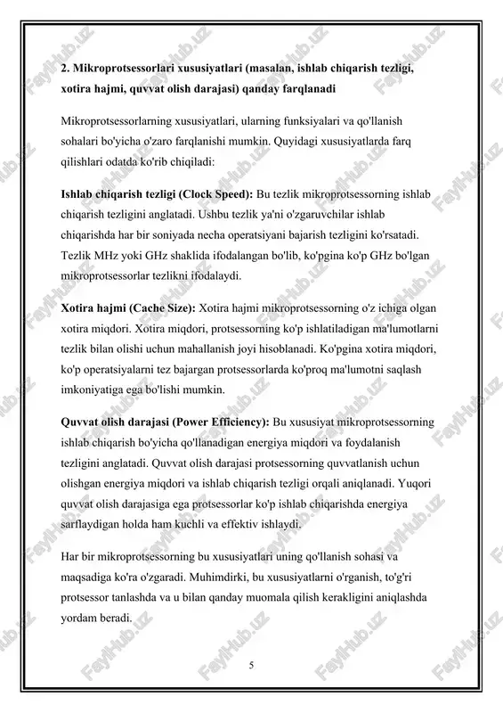 ik chiqindilari va algoritmlar ishlatishadi. · xavfsizlik qo'llanmalarining integratsiyasi: mikroprotsessorlarning xavfsizlikni ta'minlash jarayonida xavfsizlik qo'llanmalari (security features) integratsiya qilinadi. bu xususiyatlar, qattiq autentifikatsiya, istisnolarni aniqlash, xavfsizlik sozlamalari va to'g'ri saqlashning o'rnatilishini ta'minlaydi. barcha shu qanday kompaniyalar o'zlarining mikroprotsessorlari uchun xavfsizlik chiqindilari mavjudligini ko'rsatishadi va mijozlarga xavfsiz va ishonchli mahsulotlar taklif qilish uchun turli xavfsizlik chiqindilari va protokollari qo'llaydilar. lekin, xavfsizlik hamisha o'zgaruvchi bo'lib qoladi va so'nggi xavfsizlik muammolari va xavfsizlikni buzish usullari haqida ma'lumotlarni to'ldirib borish kompaniyalar uchun juda muhimdir. 5. kompaniyalar iste'molchilarga qanday dasturlar, qo'llab-quvvatlash tadbirlari yoki dasturiy ta’minotlar taklif qilishadi yirik ishlab chiqaruvchi kompaniyalar, iste'molchilarga mahsulotlarini mukammalroq ishlatish va ular bilan ishlashda yordam berish uchun quyidagi dasturlar, qo'llab-quvvatlash tadbirlari yoki dasturiy ta’minotlar taklif qilishadi: onlayn platformalar va ma'lumotlar: kompaniyalar, onlayn platformalarda, veb-saytlarda yoki mobil ilovalarda dasturlar, ko'rsatmalar va elektronik qo'llanmalar taqdim etishadi. bu dasturlar iste'molchilarga mahsulotni to'liq ishlatish, sozlamalarni o'rnatish, muammolarni hal qilish va mahsulotning boshqa imkoniyatlaridan foydalanishga …
