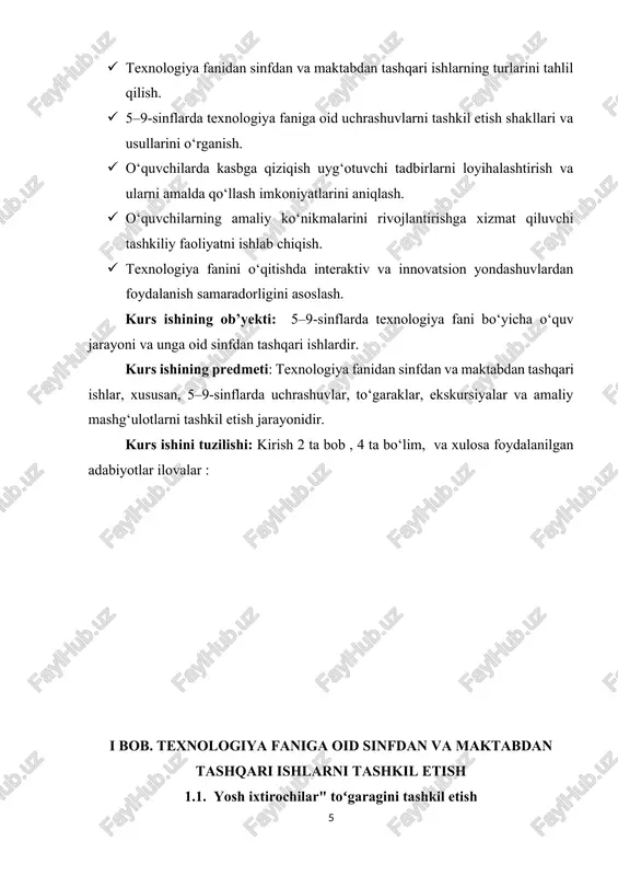 faoliyatiga qadam qo‘yish; · jamoaviy ishlash, loyiha taqdimotlarini tayyorlash ko‘nikmalarini egallash. to‘garak mashg‘ulotlari haftasiga bir-ikki marta tashkil etilib, har bir dars muayyan mavzuga bag‘ishlanadi. misol uchun: · “quvvat manbalarining soddalashtirilgan modellari”; · “qayta ishlanadigan materiallardan foydalanib foydali buyum yasash”; · “smart maktab loyihasi” kabi. to‘garaklar o‘quvchilarning qiziqishiga qarab ixtiyoriy ishtirok asosida shakllantiriladi va ularni kasbga yo‘naltirishga xizmat qiladi. o‘quvchilarning texnik tafakkurini rivojlantirish, ularda mustaqil izlanish, ixtirochilik va muammoga yangicha yondashish ko‘nikmalarini shakllantirishda “yosh ixtirochilar” to‘garaklari muhim rol o‘ynaydi. bu to‘garaklar texnologiya fani doirasida o‘quvchilarning qiziqishlarini ro‘yobga chiqarish, ularni kasb-hunarga yo‘naltirish va amaliy faoliyatga tayyorlash vositasi hisoblanadi. to‘garakning maqsadi: o‘quvchilarda texnik va ijodiy fikrlashni rivojlantirish, hayotda duch keladigan muammolarga oddiy va samarali texnologik yechimlar topa olish qobiliyatini shakllantirish. 1-rasm. o‘quvchilarda texnik va ijodiy fikrlashni rivojlantirish to‘garakning vazifalari: · o‘quvchilarning texnika va texnologiyaga qiziqishini oshirish; · amaliy mashg‘ulotlar orqali bilimlarni mustahkamlash; · ixtirolarga bo‘lgan intilish va ijodkorlikni rag‘batlantirish; · guruhda ishlash, loyiha …
