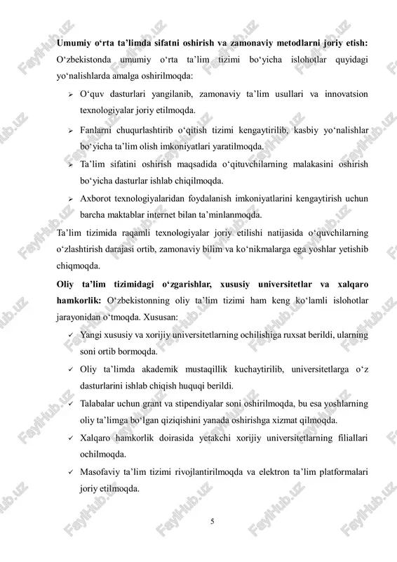 ‘zbekistonda sifatli va zamonaviy ta’lim tizimi shakllanib, kelajakda raqobatbardosh kadrlar tayyorlashga zamin yaratilmoqda.2 2 o‘zbekiston respublikasi prezidentining farmon va qarorlari to‘plami. – toshkent, 2023. 7 2. sog‘liqni saqlash va ijtimoiy himoya sohasidagi islohotlar sog‘liqni saqlash va ijtimoiy himoya tizimi davlatning aholi farovonligini ta’minlashdagi asosiy yo‘nalishlaridan biri hisoblanadi. o‘zbekiston respublikasida so‘nggi yillarda tibbiyot tizimini modernizatsiya qilish, aholiga sifatli tibbiy xizmat ko‘rsatish, kam ta’minlangan va ehtiyojmand qatlamlarni ijtimoiy qo‘llabquvvatlash borasida keng ko‘lamli islohotlar amalga oshirilmoqda. mazkur islohotlarning asosiy maqsadi aholining salomatligini mustahkamlash, fuqarolar uchun ijtimoiy adolat va tenglikni ta’minlashdan iborat. tibbiyot tizimini modernizatsiya qilish, xususiy sektorni rivojlantirish: sog‘liqni saqlash tizimi o‘zbekistonda tubdan yangilanib, zamonaviy tibbiy xizmatlar joriy etilmoqda. asosiy islohotlar quyidagilarni o‘z ichiga oladi:  xususiy tibbiyot muassasalarini rivojlantirish: davlat tomonidan xususiy klinikalar ochilishiga ruxsat berilib, ularga soliq imtiyozlari berildi. bu tibbiy xizmatlar sifati va raqobatbardoshlikni oshirishga xizmat qilmoqda.  tibbiy xizmatlarning raqamlashtirilishi: elektron tibbiy kartalar, onlayn qabul tizimi va tibbiyot muassasalarining …
