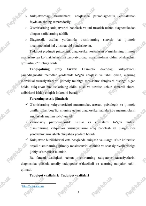 i ilmiy ishlar: · nazariy yondashuvlar: · oʻsmirlik davrining psixologik jihatlarini tadqiq qilishda e. eriksonning shaxsiyat rivojlanishi nazariyasi, l. s. vigotskiyning ijtimoiy muhitning shaxs rivojlanishiga ta’siri haqidagi yondashuvlari katta ahamiyatga ega. · amaliy tadqiqotlar: · oʻsmirlarning hissiy va xulqiy rivojlanishi, shuningdek, ijtimoiy moslashuv muammolari bo‘yicha o‘zbekiston sharoitida ilmiy ishlar olib borilgan. bu tadqiqotlar asosan oʻsmirlarning oila va maktabdagi xulq-atvorini tahlil qilishga qaratilgan. · mahalliy tadqiqotlar: · o‘zbekistonlik olimlar tomonidan olib borilgan tadqiqotlar, ayniqsa, oʻsmirlarning psixologik holatini va xulq-atvorini diagnostika qilishda muhim oʻrin tutadi. bu tadqiqotlar o‘smirlar o‘rtasida psixologik masalalarni aniqlash va ularni hal qilish yo‘llari haqida ilmiy asoslar yaratadi. ilmiy bo‘shliqlar: · oʻsmirlarning xulq-atvorini aniqlashda foydalaniladigan psixodiagnostik vositalar hali ham to‘liq rivojlanmagan va ba’zi metodlar ijtimoiy va madaniy sharoitlarni hisobga olishda yetarlicha moslashtirilmagan. · o‘smirlar orasida yangi turdagi xulq-atvor buzilishlarini aniqlash va ularni tuzatish bo‘yicha ilmiy tadqiqotlar talab etiladi. · psixodiagnostika vositalarining samaradorligi va ulardan foydalanish bo‘yicha maxsus metodikalar ishlab …