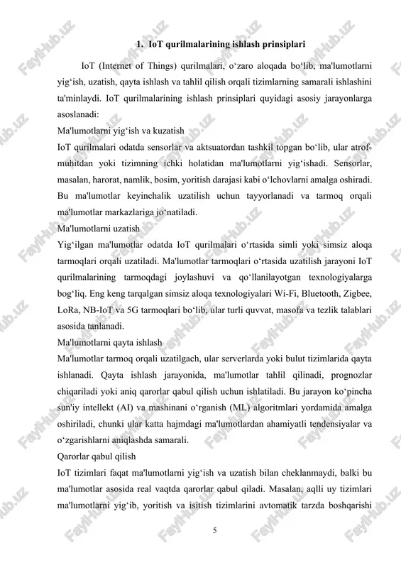 i ta'minlash uchun shifrlash, autentifikatsiya va ma'lumotlar oqimini kuzatish texnologiyalari qo‘llaniladi. bularning barchasi tarmoqda ma'lumotlar o‘g‘irlanishini yoki noto‘g‘ri ishlashini oldini olishga yordam beradi. qo‘llanilish sohalari iot qurilmalarining ishlash prinsiplari texnologiyaning o‘ziga xos xususiyatlarini va funktsiyalarini belgilaydi. ma'lumotlarni yig‘ish, uzatish, qayta ishlash va qarorlar qabul qilish jarayonlari iot tizimlarining samarali ishlashini ta'minlaydi. har bir iot qurilmasining maqsadi va qo‘llanilishiga qarab, texnologiyalar va ishlash prinsiplari o‘zgarishi mumkin, ammo ular barchasi birgalikda iot ekotizimini yanada samarali va qulayroq qilishga yordam beradi. 2. iot qurilmalarida avtonomlikni ta'minlash texnologiyalari iot qurilmalari avtonom ishlashini ta'minlash, ularning uzoq muddat davomida samarali va ishonchli ishlashini ta'minlash uchun juda muhim ahamiyatga ega. avtonomlik iot tizimlarida qurilmalar o‘z-o‘zini boshqarish, energiya tejash va ma'lumotlarni real vaqtda qayta ishlash imkoniyatlarini yaratadi. quyidagi texnologiyalar iot qurilmalarida avtonomlikni ta'minlashda keng qo‘llaniladi: energiyani boshqarish texnologiyalari iot qurilmalarining avtonom ishlashi uchun energiya tejash zarur bo‘ladi, chunki ko‘plab iot qurilmalari batareyalar yoki boshqa cheklangan quvvat manbalari bilan …