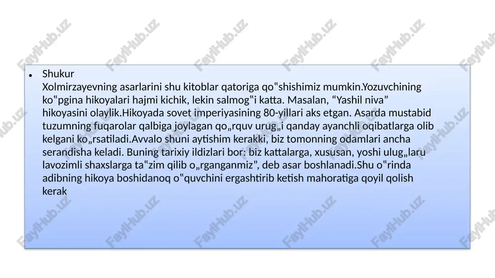 ketgan, kaliti o‟zida», deb sovchilarni qaytishi bunga yaqqol misol bo‟la oladi.odamzod hayoti oxirida… so‟nish oldidagi shamga o‟xshar emish. odam o‟lim ostonasida birdan kuch yig‟adi ekan. sham ham so‟nish oldida birdan alanga olib yonadi-ku? keyin so‟nadi…,- ushbu jumlalar kitobxonni o‟yga to‟ldiradi.zero, bu asarda hayot haqiqati aks etgan. foydalanilgan adabiyotlar 1. n. erkayeva. “ shukur xolmirzayev haqida” toshkent. ma‟naviyat nashriyoti 2001 yil 2. h.karimov ,”xx asr o'zbek adabiyoti”, “o'qituvchi”nashriyoti 3. sh. xolmirzayev “ saylanma” toshkent. ma‟naviyat nashriyoti 2003 yil. 4. shukur xolmirzayev.saylanma.qissalar.t.2019 5. https://tafakkur.net/odam/shukur-xolmirzayev.uz image1.png image2.jpeg image3.jpeg image4.png image5.jpeg image6.jpeg image7.png image8.jpeg image9.jpeg image10.jpeg image11.png image12.jpeg image13.png /docprops/thumbnail.jpeg