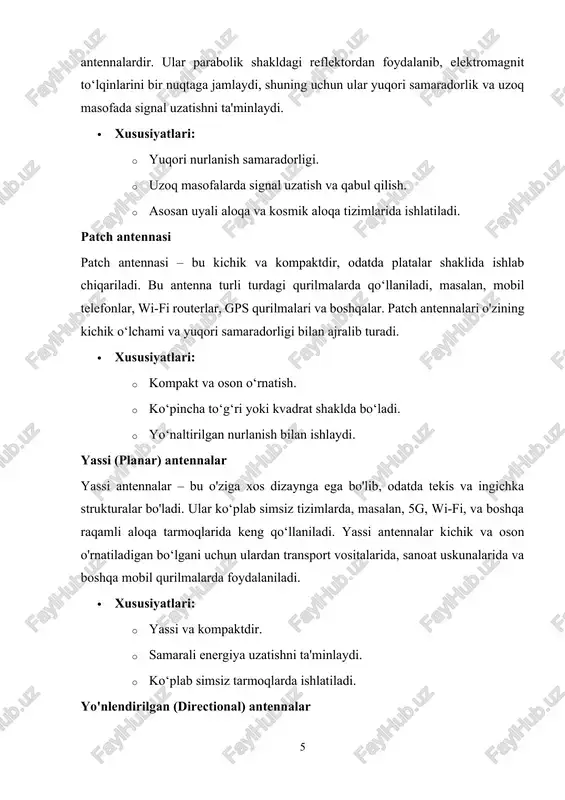 monopol antennalar, asosan, yassi nurlanishga ega bo'lib, ular to‘lqinlarni barcha yo‘nalishlarga tarqatadi. · dizayni va ishlash prinsipi: monopol antennasi birinchi element sifatida yerga ulanadigan qutbdan tashkil topgan. bu antennalar odatda 1/4 to‘lqin uzunligi bo‘lgan elementlarga ega. bunday dizayn, ular energiyani oson uzatish va qabul qilish imkonini beradi. monopollar odatda qulay joylashtirilgan joylarda, masalan, avtomobillarda, uyali telefonlar va boshqa kichik qurilmalarda ishlatiladi. · xususiyatlari: · soddaligi va oson ishlab chiqarilishi. · yassi nurlanish (omnidirectional). · ko‘pincha mobil telefonlar, raqamli televidenie va radio tarmoqlarida qo‘llaniladi. · odatda yuqori quvvatli ishlash imkoniyatiga ega emas. · qo'llanilishi: · mobil aloqa tizimlarida. · radio aloqada. · wi-fi va boshqa simsiz tarmoqlarda. dipollar dipol antennasi – bu ikki teng uzunlikdagi metal qutblardan tashkil topgan, ularning markazida ulanish nuqtasi mavjud. dipol antennalar eng keng tarqalgan va oddiy antennalardan biridir. ular ko‘pincha gorizontal yoki vertikal joylashtiriladi va yassi nurlanishga ega bo‘ladi. · dizayni va ishlash prinsipi: dipol antennasi, …