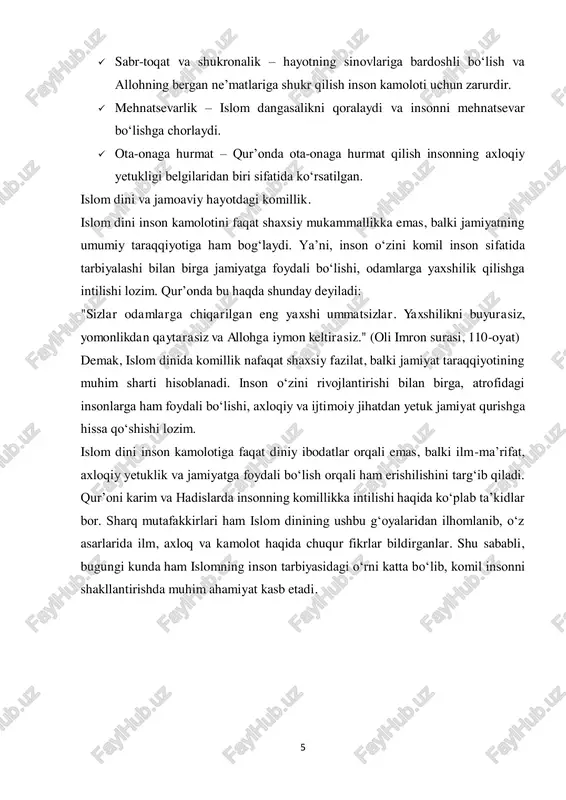 soniy fazilatlarning ham yuksak darajada bo‘lishi kerakligini uqtirgan. u o‘zining falsafiy asarlarida shunday fikr bildiradi:  insonning haqiqiy baxtga erishuvi uchun ilm va axloq uyg‘un bo‘lishi lozim.  tibbiyot faqat tanani davolash uchungina emas, balki ruhni ham poklash uchun xizmat qilishi kerak.  inson tafakkur orqali haqiqatni anglab, komillikka erishadi. ibn sinoning g‘oyalari shaxsiy rivojlanish, ilm-fan va tibbiyot sohalarida katta ahamiyatga ega. imom g‘azzoliy – tasavvuf va axloqiy poklik. 7 imom g‘azzoliy (1058–1111) tasavvuf va axloqiy tarbiya orqali inson komillikka yetishishi mumkinligini ta’kidlagan. u o‘zining “ihyou ulum ad-din” (din ilmlarini tiriltirish) asarida insonning ichki dunyosi va axloqiy pokligi muhim ekanini qayd etadi. uning asosiy fikrlari quyidagilardan iborat:  haqiqiy komillik dunyoviy manfaatlardan voz kechib, ruhiy poklanish bilan erishiladi.  axloqiy yetuklik insonning har bir qadamida muhim rol o‘ynaydi.  ilm olmoq, ibodat qilmoq va odobli bo‘lmoq – insonning eng asosiy fazilatlaridir. imom g‘azzoliy tasavvufiy ta’limot orqali inson qalbining yuksalishi va …