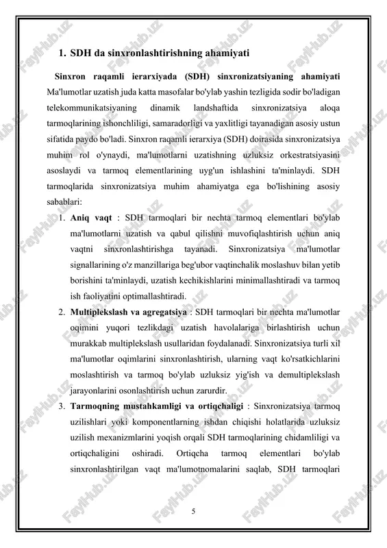 ponentlarini o'rganamiz: 1. birlamchi mos yozuvlar soati (prc) : · sinxronizatsiya ierarxiyasining cho'qqisida butun sdh tarmog'i uchun vaqt ma'lumotnomasining so'nggi manbai bo'lib xizmat qiluvchi asosiy mos yozuvlar soati (prc) joylashgan. · xxr odatda vaqt signalini atom soatlari yoki global navigatsiya sun’iy yo‘ldosh tizimlari (gnss) kabi yuqori aniqlik manbalaridan oladi, bu esa misli ko‘rilmagan aniqlik va barqarorlikni ta’minlaydi. · xxr signallari ierarxik sinxronizatsiya qatlamlari orqali tarmoq elementlariga taqsimlanadi va butun tarmoq bo'ylab ierarxik vaqt munosabatlarini o'rnatadi. 2. qurilishni integratsiyalashgan vaqt ta'minoti (bits) : · building integrated timing supply (bits) ma'lum bir tarmoq binosi yoki joyidagi vaqt signallari uchun markaziy tarqatish nuqtasi sifatida ishlaydi. · bits qurilmalari xxr yoki boshqa sinxronizatsiya manbalaridan vaqt signallarini oladi va ularni bino yoki sayt ichidagi turli tarmoq elementlariga tarqatadi. · bits qurilmalari ko'pincha komponentlar ishlamay qolganda yoki uzilishlar sodir bo'lgan taqdirda uzluksiz vaqt taqsimotini ta'minlash uchun ortiqcha va uzilish mexanizmlarini o'z ichiga oladi. 3. sinxronizatsiya ta'minoti …