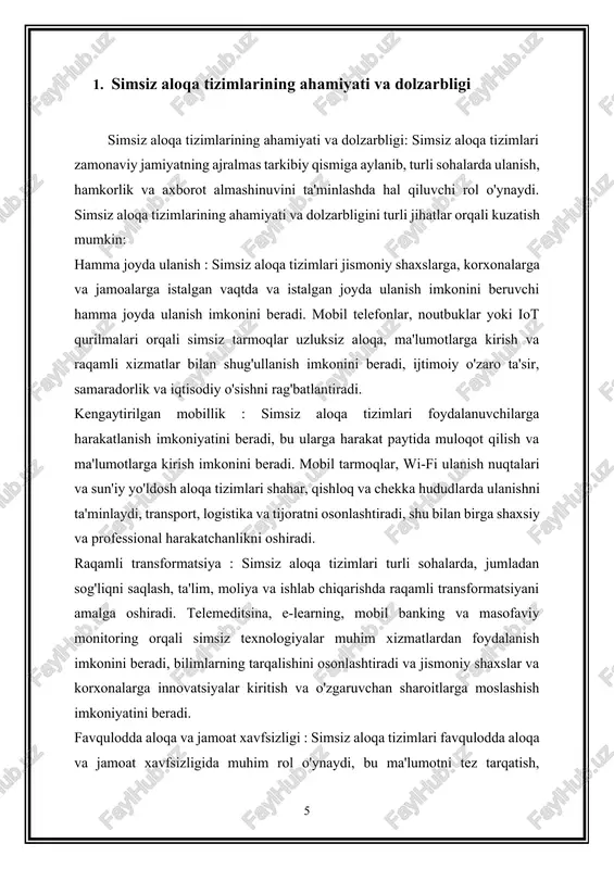 , iqtisodiy va texnologik taraqqiyotning muhim omili bo'lib qoladi. 2. ko'p stantsiyali tarmoqlar uchun o'rta kirishni boshqarish (mac) protokollari o'rta kirishni boshqarish (mac) protokollari ko'p stantsiyali tarmoqlarda umumiy simsiz muhitga kirishni muvofiqlashtirishda, bir nechta stantsiyalar o'rtasida ma'lumotlarning samarali va adolatli uzatilishini ta'minlashda hal qiluvchi rol o'ynaydi. ushbu protokollar stansiyalarning kanalga kirish uchun qanday kurashayotganini, ziddiyatlarni hal qilishini va to'qnashuvlarni minimallashtirish va tarmoq o'tkazuvchanligini oshirish uchun uzatishni muvofiqlashtirishni boshqaradi. ko'p stantsiyali tarmoqlarning noyob muammolari va talablarini hal qilish uchun bir nechta mac protokollari ishlab chiqilgan. bu erda keng tarqalgan mac protokollaridan ba'zilari: carrier sense multiple access (csma) : csma - tortishuvlarga asoslangan mac protokoli bo'lib, u erda stantsiyalar ma'lumotlarni uzatishdan oldin kanalni tinglaydi. agar kanal bo'sh bo'lsa, stantsiya uzatishni boshlashi mumkin; aks holda, u uzatishni kechiktiradi va kanalning ishlamay qolishini kutadi. csma protokollariga ethernet lanlarda qo'llaniladigan csma/cd (carrier sense multiple access with collision detection) va wi-fi tarmoqlarida qo'llaniladigan csma/ca (carrier sense …