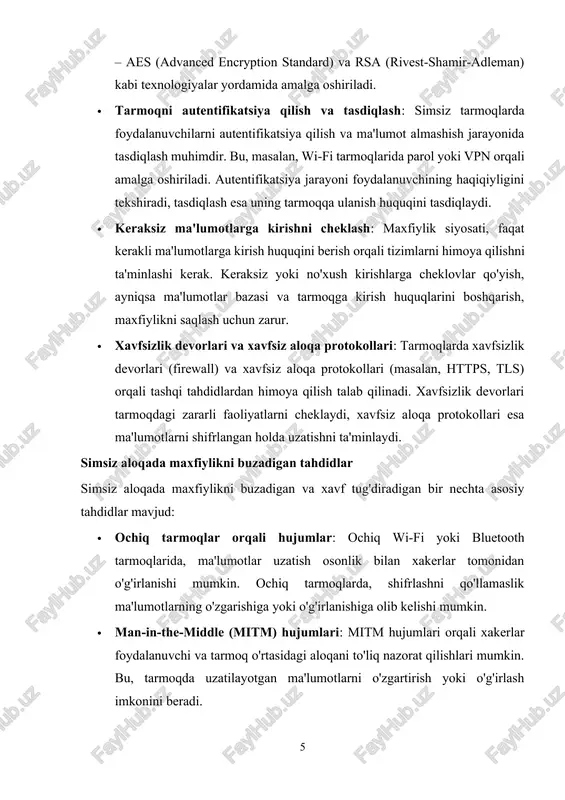 dalanuvchilar o'rtasida hamkorlik va yuqori darajadagi texnologik yechimlar talab qilinadi. maxfiylik siyosati simsiz aloqalarda foydalanuvchi ma'lumotlarini himoya qilish uchun muhim bir tamoyillarni o'z ichiga oladi. bu tamoyillar orqali tashkilotlar va foydalanuvchilar o'rtasidagi ma'lumot almashish xavfsizligi ta'minlanadi. quyidagi tamoyillar maxfiylik siyosatining asosiy yunalishlarini tashkil etadi: ma'lumotlarning maxfiyligi (confidentiality) maxfiylik siyosatining asosiy tamoyillaridan biri – ma'lumotlarning maxfiyligini ta'minlashdir. bu tamoyilga ko'ra, faqatgina muayyan foydalanuvchilarga yoki tizimlarga ma'lumotlarga kirish huquqi beriladi. ma'lumotlarni faqat ruxsat berilgan shaxslar yoki tizimlar o'qishi, o'zgartirishi va tarqatishi kerak. maxfiylikni ta'minlash uchun shifrlash va autentifikatsiya kabi vositalar qo'llaniladi. ma'lumotlarning yaxlitligi (integrity) yaxlitlik tamoyili ma'lumotlarning to'g'ri va o'zgarmasligini ta'minlashni anglatadi. tarmoq orqali uzatiladigan ma'lumotlar aynan o'z holida, hech qanday o'zgartirish yoki buzilishlarsiz yetkazilishi kerak. ma'lumotning yaxlitligini saqlash uchun turli texnologiyalar, masalan, hash funksiyalari, ma'lumotlarni tekshirish mexanizmlari va imzolash metodlari qo'llaniladi. ma'lumotlarga kirish imkoniyati (availability) maxfiylik siyosati ma'lumotlarga doimiy va ishonchli kirishni ta'minlashni o'z ichiga oladi. ma'lumotlarning mavjudligi, tizimlar yoki xizmatlar …