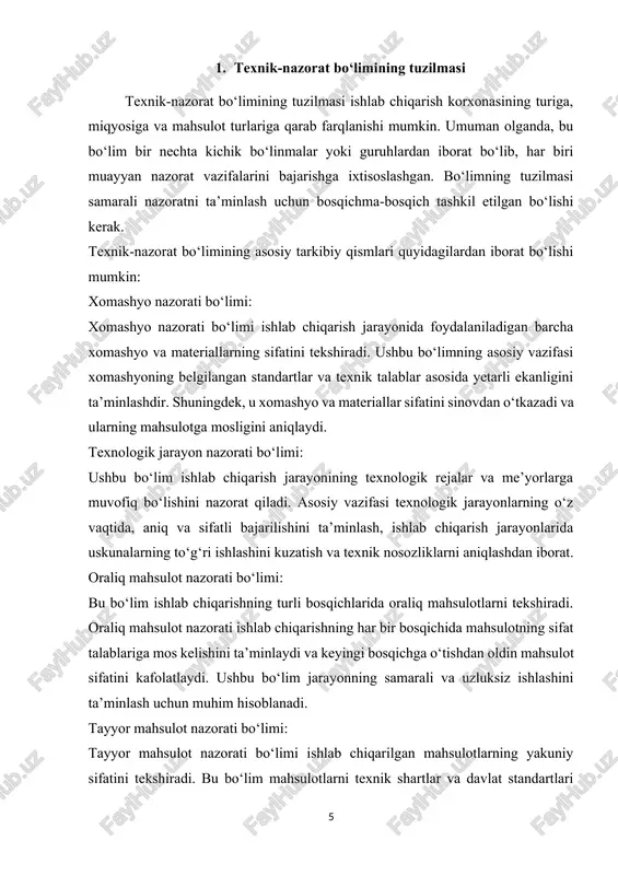 inlashga qaratilgan. texnik-nazorat bo‘limining lavozimiy vazifalari quyidagilarni o‘z ichiga oladi: xomashyo va materiallarni nazorat qilish: · qabul qilish jarayonidagi nazorat: bo‘lim xodimlari korxonaga kelib tushayotgan barcha xomashyo va materiallarni sifat va standartlarga muvofiqlik nuqtai nazaridan tekshiradilar. xomashyo qabul qilinishidan oldin uning texnik talablar va shartnomalarga mosligini aniqlaydilar. · sinov va baholash: xomashyo va materiallar laboratoriyalarda sinovdan o‘tkaziladi va texnik shartlarga mosligi baholanadi. oraliq nazorat: · ishlab chiqarish jarayonlarini kuzatish: texnik-nazorat bo‘limi ishlab chiqarish jarayonining har bir bosqichida texnologik me’yorlarga rioya qilinishini nazorat qiladi. uskunalar to‘g‘ri ishlayotganligi va jarayonlar belgilangan rejalar asosida amalga oshirilayotganligini tekshiradi. · mahsulot sifati tekshiruvi: har bir bosqichda oraliq mahsulotlarning texnik talablarga mos kelishini tekshiradi va keyingi bosqichga o‘tish uchun ruxsat beradi. tayyor mahsulotni nazorat qilish: · mahsulot sinovlari: tayyor mahsulot texnik shartlar va davlat standartlariga muvofiqligi bo‘yicha sinovdan o‘tkaziladi. bu jarayonda mahsulotning jismoniy, kimyoviy va texnologik xususiyatlari tekshiriladi. · sertifikatlashtirish: agar mahsulot barcha sinovlardan muvaffaqiyatli o‘tsa, …