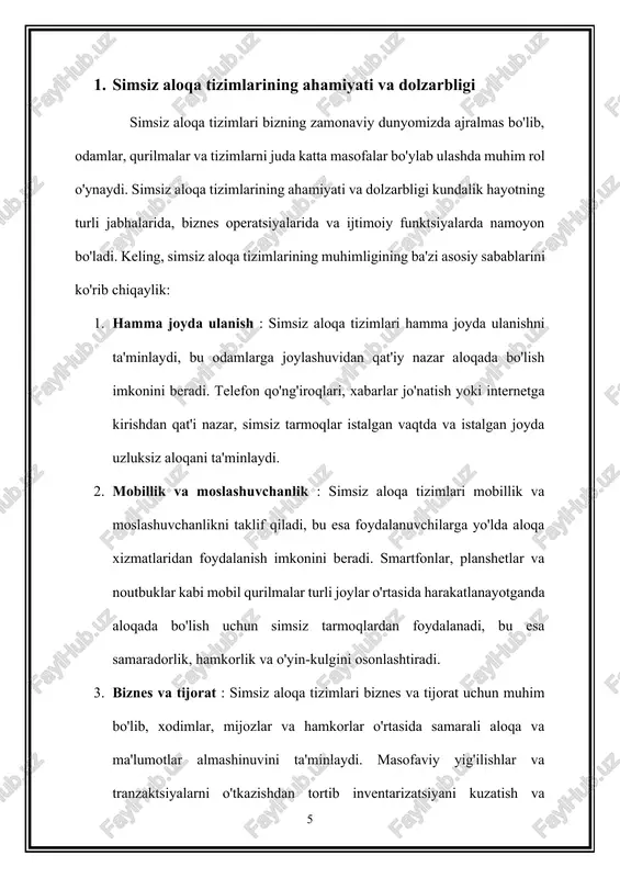 llash tarqalgan spektr texnikasini qo'llash harbiy va hukumat aloqalaridan tortib tijorat va iste'mol texnologiyalarigacha bo'lgan turli sohalarni qamrab oladi. quyida tarqalgan spektr texnikasining ba'zi asosiy ilovalari keltirilgan: harbiy aloqalar : yoyilgan spektr texnikasi harbiy aloqalarda xavfsiz va ishonchli ma'lumotlarni uzatish uchun keng qo'llaniladi. harbiy darajadagi tarqalgan spektrli tizimlar tiqilib qolishga qarshi qobiliyatlarni ta'minlaydi, bu ularni qasddan aralashuvlarga va elektron urush hujumlariga chidamli qiladi. ushbu tizimlar qo'shinlar, qo'mondonlar va harbiy vositalar o'rtasida xavfsiz aloqani ta'minlaydi, bu esa muhim stsenariylarda operativ samaradorlik va maxfiylikni ta'minlaydi. sun'iy yo'ldosh aloqasi : yoyilgan spektr texnikasi uzoq masofalarga ma'lumotlarni uzatish uchun sun'iy yo'ldosh aloqa tizimlarida qo'llaniladi. sun'iy yo'ldoshlar er osti stantsiyalari bilan aloqa qilish, yer va kosmos o'rtasida ma'lumotlarni uzatish va sun'iy yo'ldosh televideniesi, sun'iy yo'ldosh interneti va global joylashishni aniqlash tizimlari (gps) kabi xizmatlarni taqdim etish uchun tarqalgan spektr modulyatsiyasidan foydalanadi. spread spektr modulyatsiyasi sun'iy yo'ldosh aloqasining mustahkamligi va ishonchliligini oshiradi, bu esa katta masofalar …
