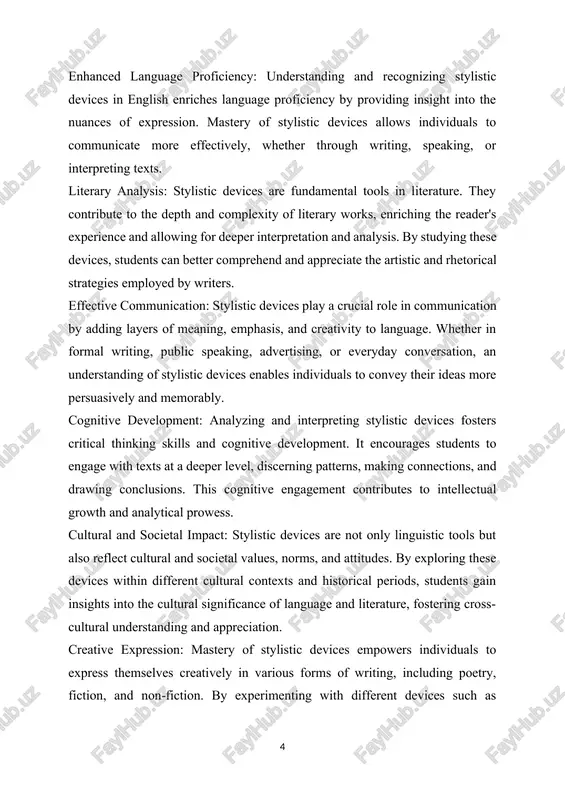 els. professional and academic applications: proficiency in stylistic devices is valuable in numerous professional and academic fields. in fields such as journalism, marketing, and public relations, adept use of language and rhetorical techniques can enhance the effectiveness of communication strategies. similarly, in academic writing, incorporating stylistic devices can elevate the clarity and persuasiveness of arguments. object and subject of the course work. the primary object of the coursework is to thoroughly explore and understand the specific features of stylistic devices employed in the english language. this includes dissecting the mechanics, functions, and effects of various devices such as metaphors, similes, personification, alliteration, onomatopoeia, hyperbole, irony, oxymoron, and imagery. subject of the coursework: the subject of the coursework revolves around the examination of individual stylistic devices within the broader context of english language and literature. this involves: definition and characteristics: providing clear definitions of each stylistic device and delineating their key …