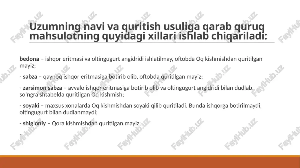 tilganda kishmish (27-30%) va mayiz (26-27%) chiqishi yuqori bo‘ladi. uzum donalari sariq, qahrabo, tilla rangga ega bo‘ladi. shtabel usuli : xulosa: uzumni mazkur usullarda quritish iqtisodiy jihatdan maqsadga muvofiqdir. bunda uzum eng avval ochiq havoda, maydonda quritiladi va quritishning ikkinchi davrida esa, ya’ni quyosh faolligi pasaygan davrida oftobda so‘ligan uzumlar yig‘ib olingan quritgichda quritiladi. uzumni ochiq havoda quritish natijasida yoqilg‘i sarfi kamayadi, quritgichlarning unumdorligi ortadi, ya’ni murakkab usulda quritilganda bir soatda 170 kg quruq mahsulot tayyorlanadi. ayni paytda bir soatda 40 kg yoqilg‘i sarflanadi va sifatli mahsulot 25-26% ni tashkil etadi. foydalanilgan adabiyotlar: 1. bo’riev h., rizaev r. “meva-uzum mahsulotlari biokimyosi va texnologiyasi” t.,"mehnat”, 1996. 2. ibragimov o., egamberdiev s. «meva va sabzavotlarni saqlash texnologiyasi» fanidan ma‘ruza matnlari. farg’ona, 2001 y. 3. https://agroinspeksiya.uz image2.jpeg image3.jpeg image4.jpg image5.jpg /docprops/thumbnail.jpeg