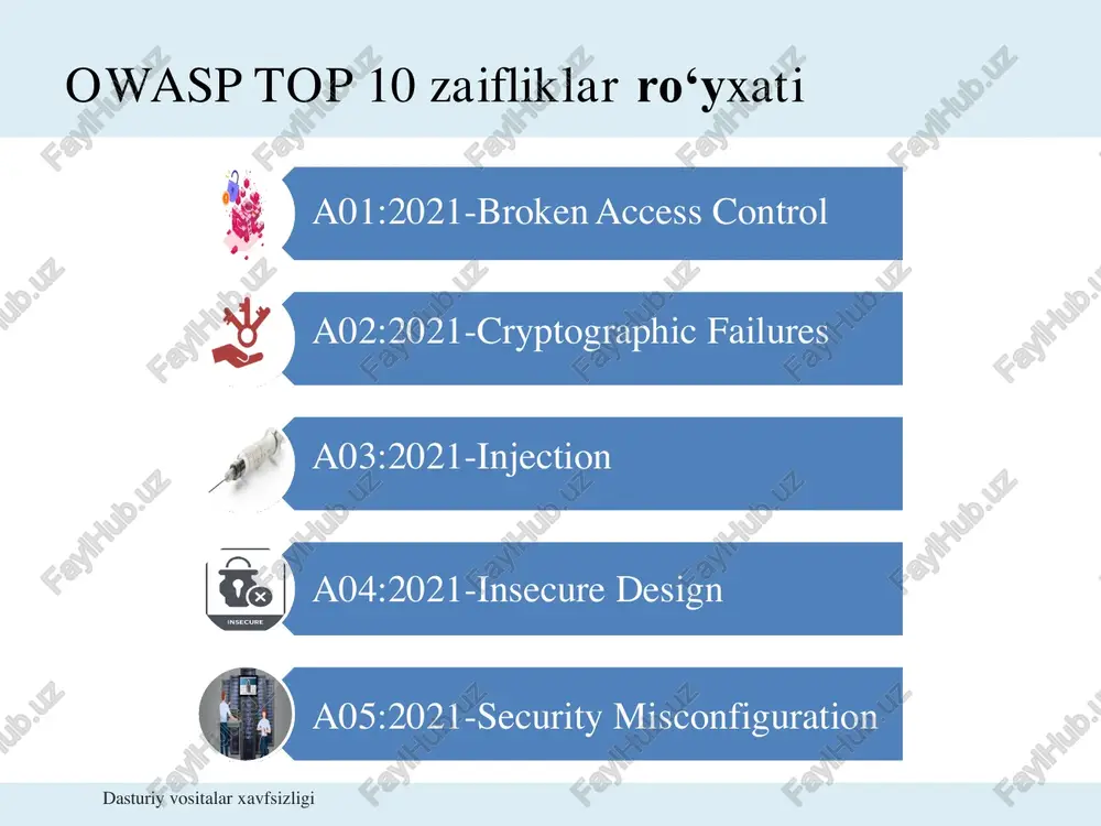 farq mavjud. • xavfsiz bo‘lmagan loyihalashda hanuzgacha foydalanish mumkin bo‘lgan zaifliklarga olib keladigan kamchiliklar bo‘lishi mumkin. • xavfsiz bo‘lmagan loyihalashga sabablardan biri bu – ishlab chiqilayotgan dasturiy ta’minot yoki tizimga xos bo‘lgan risklar profilining mavjud emasligi va shuning uchun xavfsizlik loyihasining qaysi darajasi talab qilinishini aniqlay olmaslikdir. a04:2021 – insecure design – xavfsiz bo‘lmagan loyihalash himoya: xavfsizlik va maxfiylik bilan bog‘liq boshqaruv elementlarini baholash va loyihalashda ilova xavfsizligi mutaxassislari bilan maslahatlashish; xavfsiz loyihalash shablonlari va foydalanishga tayyor kutubxonalarni yaratish va foydalanish; kritik autentifikatsiya, foydalanishni boshqarish, biznes logika uchun tahdid modelidan foydalanish; ilovani har bir darajasida ishonchlik tekshiruvlarni integratsiyalash; dasturiy ta’minot talablariga xavfsizlik tili va foydalanishni integratsiyalash. dasturiy vositalar xavfsizligi a05:2021 – security misconfiguration – xavfsizlikni noto‘g‘ri sozlanishi agar ilovalarda quyidagilar mavjud bo‘lsa, u zaif deb atalishi mumkin: • zarur bo‘lmagan imkoniyatlar yoki xususiyatlar yoqib qo‘yilgan yoki o‘rnatilgan; • standart qayd yozuvlari va ularning parollari o‘zgartirilmagan; • xatolarni tutib olish (error …