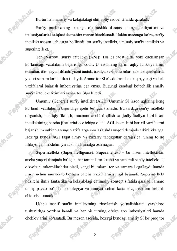 a sun'iy intellekt sohasidagi rivojlanishning asosiy bosqichi hisoblanadi. tor si misollari. bugungi kundagi ko‘plab mashhur sun'iy intellekt tizimlari tor si ga kiradi: ovozli yordamchilar (masalan, siri, alexa, google assistant) — foydalanuvchilarning so‘zli buyruqlarini tushunib, javob berish yoki topshiriq bajarish. tavsiya tizimlari — youtube, netflix, amazon kabi platformalarda foydalanuvchining didiga mos mahsulot yoki kontentni taklif qilish. yuzni tanish tizimlari — xavfsizlik va identifikatsiya maqsadlarida foydalaniladi, masalan, smartfonlarda yuz orqali qulfni ochish. avtomatlashtirilgan tarjimonlar — google translate kabi tizimlar, faqat matnlarni bir tiladan boshqasiga tarjima qilishga ixtisoslashgan. o‘yinlardagi ai raqiblar — o‘yin qoidalariga asoslangan tarzda harakat qiluvchi sun'iy intellekt. tor si ning afzalliklari va cheklovlari. afzalliklari: ma'lum vazifalarni yuqori aniqlik va samaradorlik bilan bajaradi. katta hajmdagi ma'lumotlarni tez va to‘g‘ri tahlil qiladi. amaliyotga joriy qilish oson va keng qo‘llaniladi. inson kuchini kamaytirib, jarayonlarni avtomatlashtirishga yordam beradi. cheklovlari: faqat aniq belgilangan vazifalarni bajaradi, yangi yoki kengaytirilgan vazifalarga moslasha olmaydi. inson kabi umumiy aql …