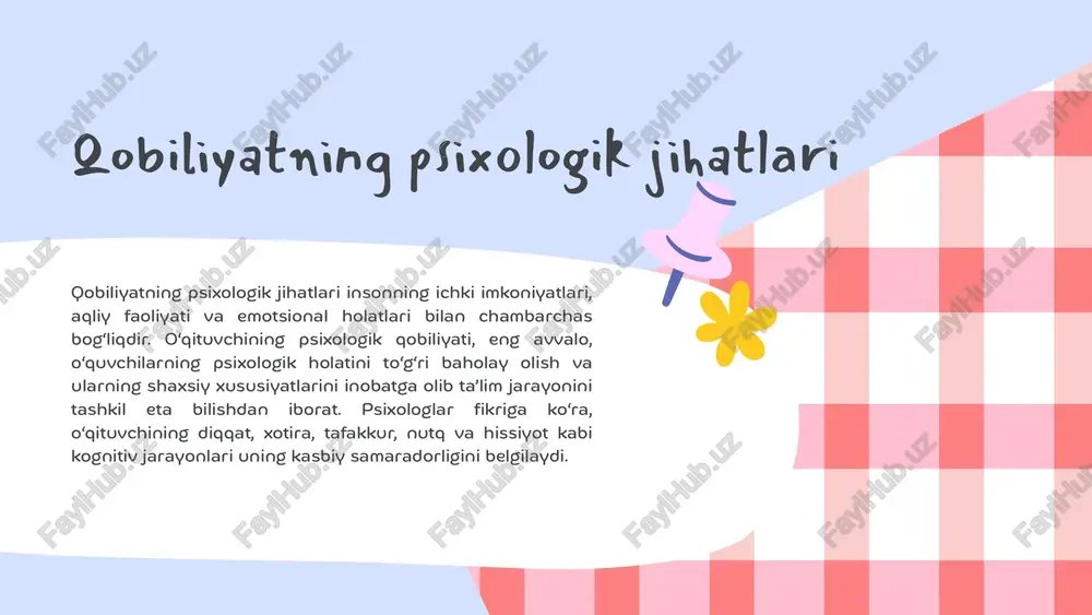 ojlanishini ham boshqarish imkoniga ega bo‘ladi. zamonaviy ta’lim jarayonida o‘qituvchi ijodkorlik, kommunikativlik va innovatsion yondashuvni o‘zida mujassam etgan bo‘lishi zarur. foydalanilgan adabiyotlar karimova v. m. pedagogik psixologiya. – toshkent: o‘zbekiston milliy universiteti nashriyoti, 2020. g‘oziev e. g. umumiy psixologiya. – toshkent: o‘qituvchi, 2018. ziyayeva g. pedagogik mahorat va kasbiy qobiliyatlar asoslari. – toshkent: tdpu, 2019. tursunov s., hasanov a. zamonaviy ta’lim va innovatsion yondashuvlar. – toshkent, 2021. shoumarov r. ta’lim jarayonida o‘qituvchi faoliyati va kasbiy kompetensiya. – toshkent: innovatsiya, 2022. internet manbalar: www.pedagog.uz www.ziyonet.uz www.edu.uz e’tiboringiz uchun raxmat telegram kontaktlar: @zumer_tg | @madaminov_nazirjon veb-sayt: https://alonelvl99.tilda.ws/ taqdimot linki image9.svg image10.png image11.svg image12.png image13.svg image14.png image15.svg image1.png image2.svg image3.png image4.png image5.svg image6.png image7.svg image8.png image16.png image17.svg image18.png image19.svg image20.png image21.svg image28.png image29.svg image30.png image31.svg image22.png image23.svg image24.png image25.svg image26.png image27.svg image36.png image37.png image38.svg image32.png image33.svg image34.png image35.svg image39.png image40.svg image41.png image42.svg image43.png image44.svg image45.png image46.svg image47.png image48.svg image51.png image52.svg image49.png image50.svg image59.png …