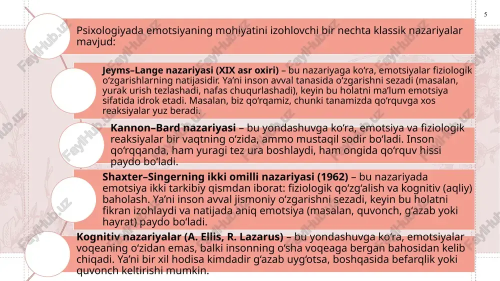 sh. stressga chidamlilik — keskin holatlarda o‘zini yo‘qotmaslik, oqilona qaror qabul qila olish. emotsional barqarorlikning asosi — bu emotsional intellektdir. emotsional intellekt — bu o‘z emotsiyalarini va boshqalarning his-tuyg‘ularini to‘g‘ri anglay olish, ularga to‘g‘ri javob qaytarish, hamda muloqotda ruhiy muvozanatni saqlash qobiliyatidir. emotsional intellekti yuqori insonlar odatda ijtimoiy jihatdan muvaffaqiyatli, stressga bardoshli va ruhiy jihatdan sog‘lom bo‘ladilar. 14 e’tiboringiz uchun raxmat 15 image1.png image2.svg image3.jpeg image4.jpeg image5.jpeg image6.jpeg image7.jpeg image8.jpeg image9.jpeg image10.jpeg .msftofcthm_accent3_lummod_40_lumoff_60_fill_v2 { fill:#e5cece; }