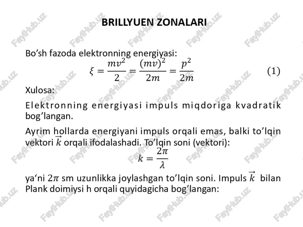 r bir-birining ustiga joylashgan, ularda nur chiqish bilan yuz beradigan rekombinatsiya asosiy mexanizm hisoblanadi. ularda yana nur chiqarmaydigan rekombinatsiya ham mavjud. impulsning p=mv ko’rinishi elektron o’zgarmas potensial maydonida harakat qilganda o’rinli. kristall panjara ichida davriy potensial maydonda elektron harakatlanganida to’lqin soni k va impuls p o’rtasidagi proporsionallik buziladi. endi ni kvaziimpuls deb qabul qilinadi. kvaziimpuls impulsning ko’p xossalarini o’ziga oladi. zaryad tashuvchilarning effektiv massalari real sharoitda kristall ichida kuchli elektr maydoni bor, bu maydonni kristall panjara zarrachalari hosil qiladi. bu maydon miqdori jihatidan tashqi elektr maydonidan katta bo’lishi mumkin. elektron panjara ichida harakat qilayotganida atomlar bilan ta’sirlashgani uchun potensial va kinetik energiyasi o’zgaradi. kvant nazariyasiga asosan kristall ichidagi elektronning harakatiga ichki maydon ta’sirini hisobga olish mumkin; bunda elektronga erkin elektron massasidan farqli massa qo’shimcha ravishda yoziladi va uni effektiv massa deb atashadi. bu tushuncha orqali tashqi elektr maydonida harakat qilayotgan elektronga panjara ta’sirini hisobga olish mumkin. kristalldagi elektronning effektiv massasi …