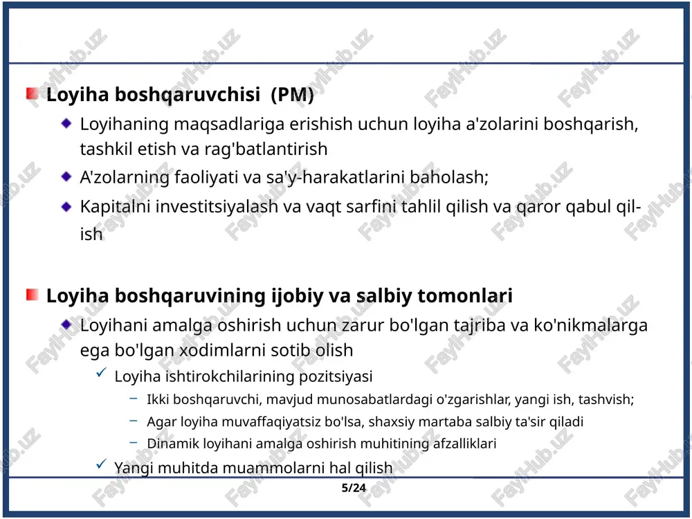 (ls). (d) oxirgi tugatish vaqtini toping (lf). 3. hisoblash usuli ‹#›/24 [misol] cpm yordamida loyihani rejalashtirish a c b d e f g a.22 c.6 b.4 d.1.5 e.5 f.8 g.2 es=0 ef=22 es=22 ef=26 es=22 ef=28 es=26 ef=27.5 es=28 ef=33 es=28 ef=36 es=36 ef=38 phase 1: oldinga hisoblash (es, ef ni hisoblash) a.22 c.6 b.4 d.1.5 e.5 f.8 g.2 ls=0 lf=22 ls=22.5 lf=26.5 ls=22 lf=28 ls=26.5 lf=28 ls=31 lf=36 ls=28 lf=36 ls=36 lf=38 2-bosqich: orqaga qarab hisoblash (ls, lf hisoblash) faoliyat belgi dastlabki ish kerakli vaqt dizayn a - 22 model yaratish b a 4 uskunani baholash c a 6 model sinovi d b 1.5 uskunalar hisobotini tayyorlash e c, d 5 metodologiyani yozish f c, d 8 yakuniy hisobotni yozish g e, f 2 ‹#›/24 [misol] cpm yordamida loyihani rejalashtirish faoliyat ls-es qolgan vaqt asosiy jarayon a 0-0 0.0  b 22.5-22 0.5 c 22-22 0.0  d 26.5-26 …