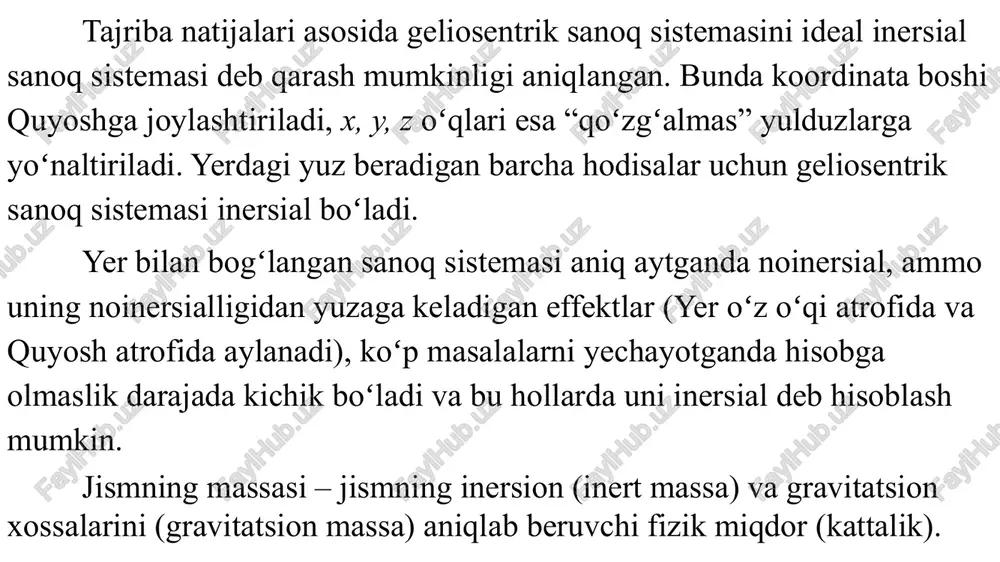 tirmay ushlab turadi, ... salbiy tomonlari: ishqalanuvchi sirtlar orasida harakatga qarshilik kuch paydo boʻladi, uni kamaytirish uchun moy quyiladi (shunda fishq 10 marta kamayadi). ishqalanish kuchini kamaytirishning eng yaxshi usuli: sirpanish ishqalanishini tebranma (chayqalma) ishqalanishga almashtirish. ya’ni sharikli, rolikli podshipniklar va boshqalar ishlatiladi. tebranish ishqalanish kuchi kulon qonuniga asosan: , bu yerda ft – tebranma sirpanish koeffitsiyenti, r – jism (shar) radiusi. ayrim materiallar juftligi uchun tinchlik va sirpanish ishqalanish koeffitsiyentlari: impulsning saqlanish qonuni. inersiya markazi impuls tushunchasi nimani koʻrsatadi? − nima harakat qilayotganini; − qanday harakat qilayotganini koʻrsatadi. havoda suzib yurgan chang zarrasi juda kichik impulsga ega (chunki massasi va tezligi kichik). okeandagi paroxod katta impulsga ega. shuni koʻrsatadiki, jismni vaqt ichida toʻxtatish uchun, masalan 1 sek da toʻxtatish uchun jism impulsiga bogʻliq holda turli kuchlar talab qilinadi. chang zarrasini toʻxtatish uchun juda oz kuch, paroxod uchun juda katta kuch kerak. impulsning saqlanish qonuni juda katta ahamiyatga ega, shuning …