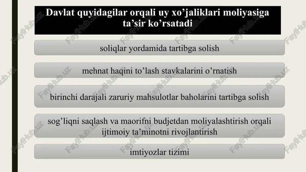 an iste’molga, majburiy to’lovlarni amalga oshirishga va jamg’arishga yo’naltiriladigan pul mablag’lari uy xo’jaliklari budjetlarining xarajatlar qismini tashkil etib, ularning xarajatlari deyiladi. uy xo’jaliklarining xarajatlari klassifikatsiyasi davriylik nuqtai-nazaridan xarajatlarning turlari bo’yicha xarajatlarning funktsional mo’ljallanganlikka bog’liqligiga ko’ra majburiylik darajasi bo’yicha to’lovlarning avtonomlilik xarakteriga ko’ra iste’mol va jamg’arishga yo’naltirilayotgan real pul xarajatlarining turlari bo’yicha davriylik nuqtai-nazaridan uy xo’jaliklarining xarajatlari quyidagilarga bo’linadi: qisqa muddatli xarajatlar; o’rta muddatli xarajatlar; uzoq muddatli xarajatlar. xarajatlarning turlari bo’yicha uy xo’jaliklarining xarajatlari quyidagilarga bo’linadi: joriy xarajatlar kapital xarajatlar funksional mo’ljallanganligiga ko’ra uy xo’jaliklarining xarajatlari quyidagilarga bo’linadi: shaxsiy iste’mol xarajatlari; soliqlar va boshqa majburiy to’lovlar; pul to’planmalari va jamg’armalar. avtonomlilik xarakteriga ko’ra uy xo’jaliklarining xarajatlari daromadlarning hajmiga bog’liq bo’lmagan va hayotiy minimum darajasiga rasman muvofiq keluvchi avtonom (qat’iy) xarajatlar daromadlarning dinamikasiga bog’liq bo’lgan elastik xarajatlar real pul xarajatlarining turlari bo’yicha iste’molga yo’naltirilgan xarajatlar jamg’arishga yo’naltirilgan xarajatlar e’tiboringiz uchun tashakkur image3.png image4.png image5.png image6.png image7.png image1.jpeg image2.jpeg /docprops/thumbnail.jpeg