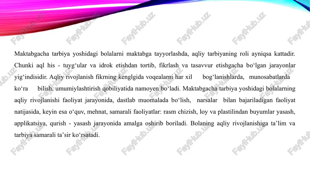 logiya, 2015. abdullaeva q. shaxs tarbiyasida aqliy rivojlanish omillari. – toshkent: tdpu nashriyoti, 2018. g‘ofurov a., raxmonov n. pedagogik mahorat va tarbiya nazariyasi. – toshkent: ilm ziyo, 2020. e’tiboringiz uchun rahmat image1.png image3.jpeg image4.jpeg image5.emf image6.emf image2.png /docprops/thumbnail.jpeg