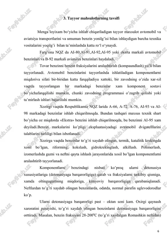 tik riforming jarayoni to’g’ri xaydab olingan benzinlarni detonasiyaga barqarorligini oshirishga mo’ljallangan. katalitik riforming benzinlarida 70% gacha aromatik uglevodorodlar bo’ladi. tovar benzin komponenti sifatida platforming benzini to’laligiga olinishi mumkin yoki uning aloxida komponentlari ishlatilishi mumkin tovarbenzinlarini detonasiya xususiyatini oshirish uchun maxsus tayyorlangan yuqori oktanli komponentlar qo’llaniladi. to’g’ridan-to’g’ri haydalgan benzinning xarakteristikasi gost, ost, tu –stp 011201-400048-97 standartlar bo’yicha tekshirish uchun zarur bo’lgan sifat ko’rsatkichlari: 1. fraksion tarkibi o’lchov miqdori foydalanilishi a) benzinning boshlang’ich qaynash harorati, c 53 bular l 35-11/300, lch 35-11/600, 35.2 ustanovkalariga hom ashyo sifatida beriladi. undan a-72, a-76, a-80 markalaridagi benzinlar olinadi. b) 10% benzin ushbu temperaturada haydaladi, c c) benzinning qaynash haroratining tugashi, c 2. suv bilan erigan kislota va ishqor 75 dan ko’p emas 180 dan ko’p emas yo’q 3. mis plastinkada tekshirish dosh beradi avtobenzinlarga komponent sifatida 8 4. oltingugurtning massaviy ulushi, % 0.15 dan ko’p emas beriladi benzinlar karbyuratorli motorlarda yoqiladi. motorni silindrida benzin bug’lari …