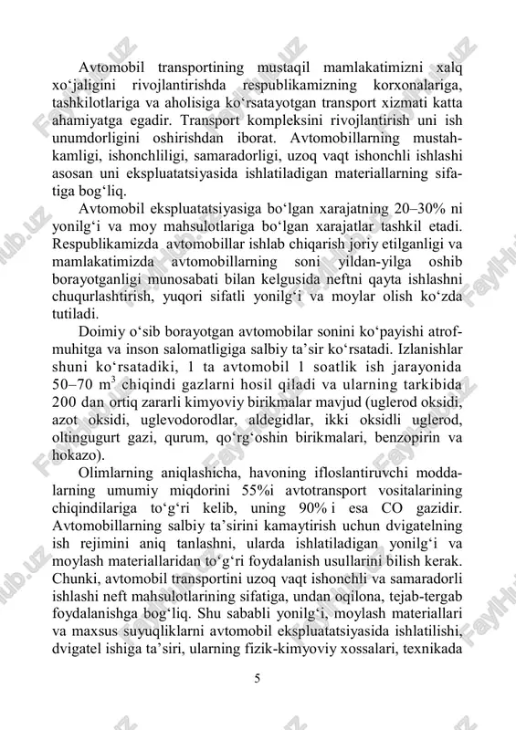 n oqilona foydalanish tamoyillarini bilishga o‘rgatishdan iborat. 7 1-bo‘lim neft mahsulotlarining kimyoviy tarkibi va olinish usullari 1.1. neft haqida umumiy ma’lumotlar neft so‘zi forscha — yonib ketish, alangalanish ma’nosini anglatadi. yer qa’rining cho‘kindi qismida tarqalgan neft tashqi ko‘rinishiga ko‘ra o‘ziga xos hidli quyuq moysimon suyuqlik bo‘lib, turli tusdagi jigarrang ko‘rinishga ega. neft yer qobig‘ining turli chuqurlikdagi qatlamlarida, turli - tuman g‘ovak va boshqa tog‘ jinslari orasida uglevodorod gazlari bilan birgalikda 1,2÷2 kilometrdan 5÷6 kilometrgacha chuqur- likda yotadi. neftning organik qoldiqlaridan hosil bo‘lish mexanizmi ulardan kislorod bilan azotning yo‘qolib, uglerod bilan vodorodning yig‘ilishiga asoslanadi. yer qa’rida neft hosil bo‘lishi organik hayotning keng rivojlana boshlagan davri, ya’ni taxminan bundan 350÷400 million yil oldin boshlangan. neftning o‘rtacha molekular massasi 220÷300 (ba’zan 450÷470 gacha ham yetadi) va neftning zichligi 770÷920 kg/m3 bo‘lib, 830 kg/m3 dan past bo‘lgan turi yengil, 831÷860 kg/m3 atrofidagisi — o‘rtacha va 860 kg/m3dan yuqorisi - og‘ir neft deb yuritiladi. neftning …