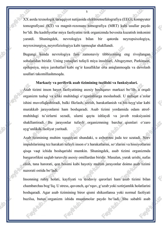 gi o‘zgarishlarga moslashadi. u nafaqat a’zolar ishini muvofiqlashtiradi, balki fikrlash, sezish, harakatlanish va his-tuyg‘ular kabi murakkab jarayonlarni ham boshqaradi. asab tizimi yordamida odam atrof-muhitdagi ta’sirlarni sezadi, ularni qayta ishlaydi va javob reaksiyasini shakllantiradi. bu jarayonlar tufayli organizmning barcha qismlari o‘zaro uyg‘unlikda faoliyat yuritadi. asab tizimining muhim xususiyati shundaki, u axborotni juda tez uzatadi. nerv impulslarining tez harakati tufayli inson o‘z harakatlarini, so‘zlarini va hissiyotlarini qisqa vaqt ichida boshqarishi mumkin. shuningdek, asab tizimi organizmda barqarorlikni saqlab turuvchi asosiy omillardan biridir. masalan, yurak urishi, nafas olish, tana harorati, qon bosimi kabi hayotiy muhim jarayonlar doimo asab tizimi nazorati ostida bo‘ladi. insonning ruhiy holati, kayfiyati va irodaviy qarorlari ham asab tizimi bilan chambarchas bog‘liq. u stress, quvonch, qo‘rquv, g‘azab yoki xotirjamlik holatlarini boshqaradi. agar asab tizimining biror qismi shikastlansa yoki normal faoliyati buzilsa, butun organizm ishida muammolar paydo bo‘ladi. shu sababli asab tizimining sog‘lom bo‘lishi inson salomatligi, aqliy faoliyati va ruhiy barqarorligining eng …