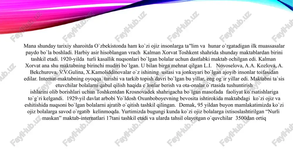 ). mustaqil tasvirlash yoki modellashtirish. natija: bola atrofdagi predmetlarni qo‘l sezgisi orqali aniqlay oladi, nutqida “yumaloq”, “qattiq”, “silliq” kabi sifatlarni to‘g‘ri ishlatishni o‘rganadi. eshituv asosidagi farqlash” metodi maqsadi: ko‘zi ojiz bolalarda eshituv xotirasini, ovozlar manbasini aniqlash va eshitish differensiasiyasini rivojlantirish. mazmuni: bola turli tovushlarni eshitadi (tabiat tovushi, musiqa, inson ovozi, predmet tovushi) va ularning manbasini farqlashga o‘rgatiladi. bosqichlari: oddiy tovushlarni farqlash (eshik yopilishi, soat chalinishi). inson va predmet tovushlarini solishtirish. musiqa asboblari tovushlarini ajratish. ovoz manbasini aniqlash (chap, o‘ng, old, orqa tomondan). natija:bola eshituv orqali fazoviy yo‘nalishni anglay oladi, atrofdagi tovushlardan foydalangan holda orientatsiya qobiliyatini rivojlantiradi. e’tiboringiz uchun rahmat image2.png image3.png image4.png image5.png image6.png image1.png /docprops/thumbnail.jpeg